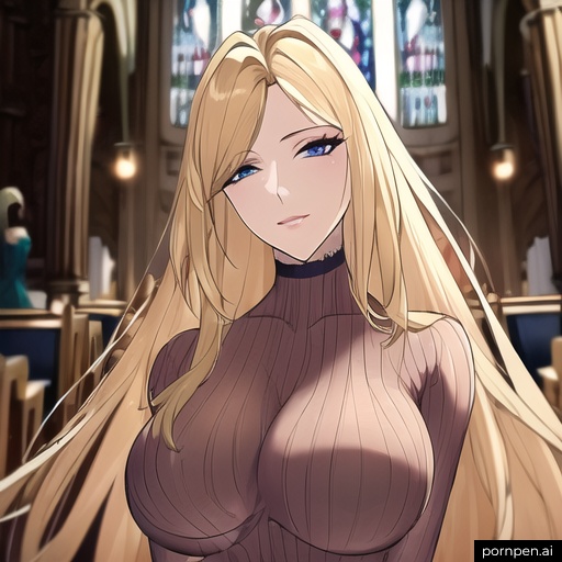 blonde church front view fishnet woman nude small boobs long hair 