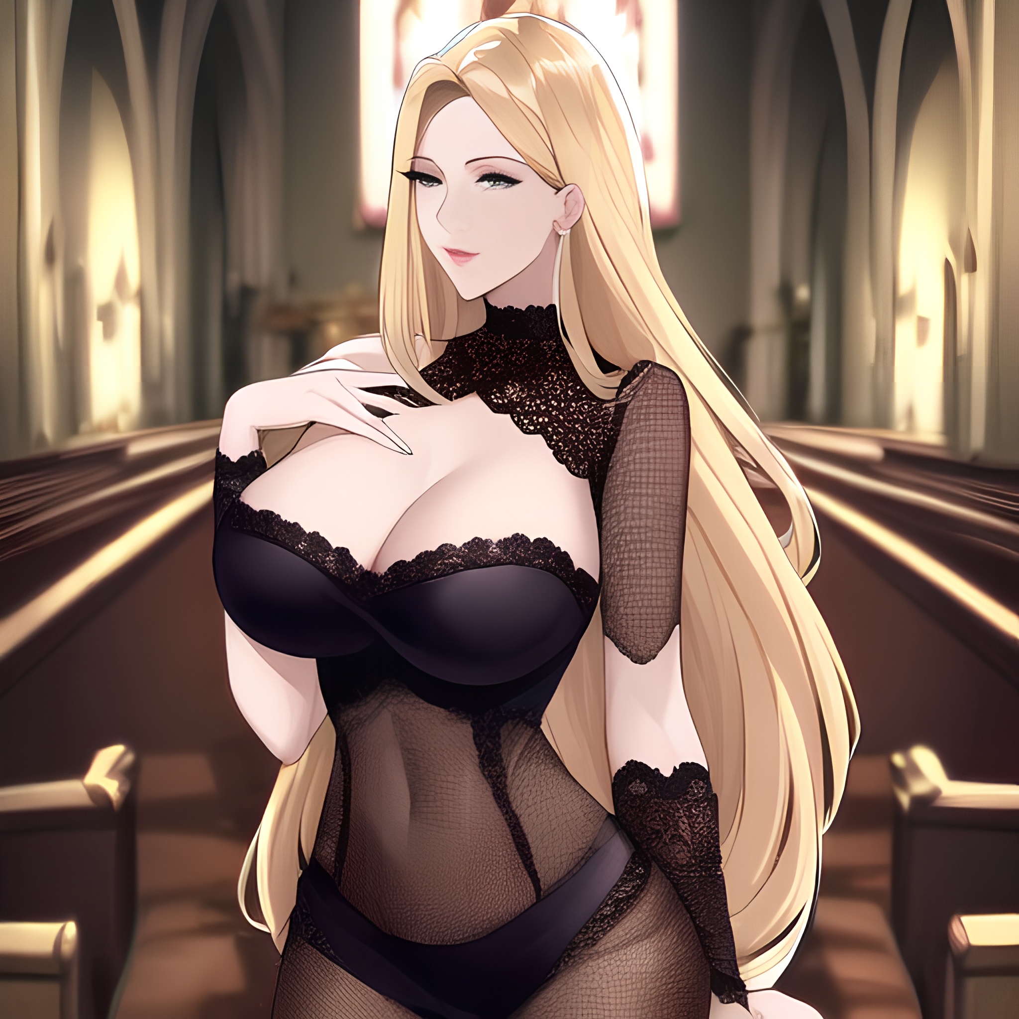 blonde church front view nude small boobs fishnet long hair woman 