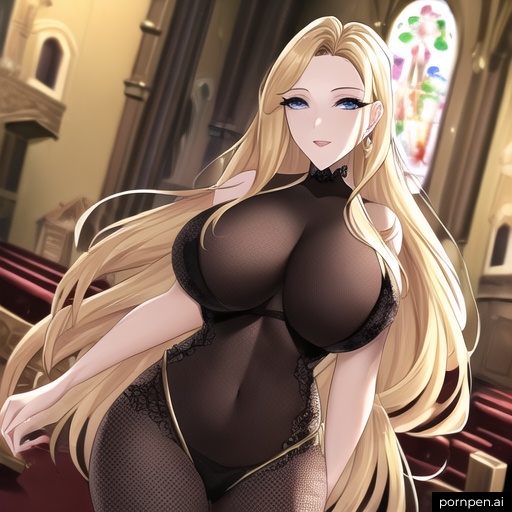 blonde church front view small boobs fishnet nude long hair woman 