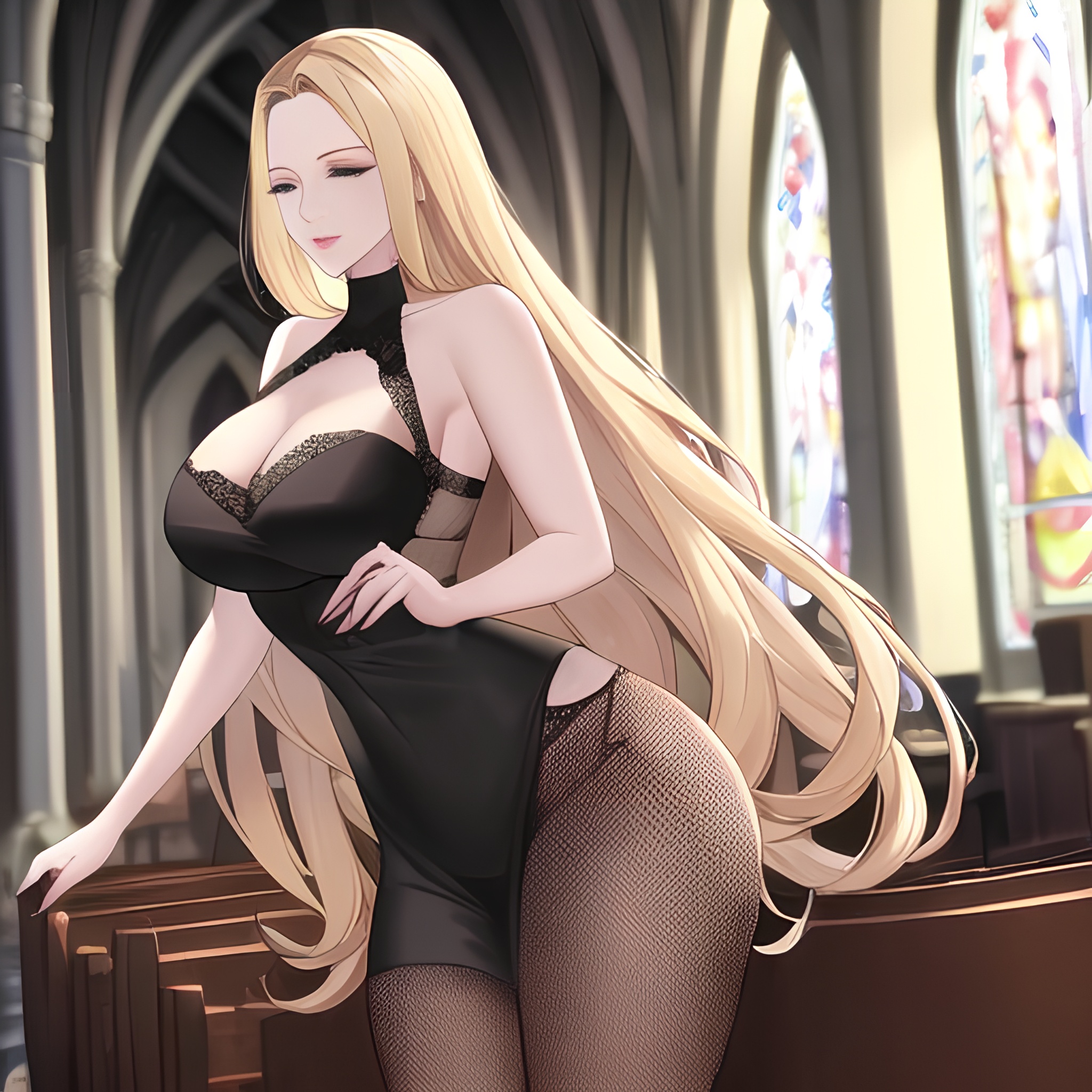 blonde church long hair fishnet front view small boobs nude woman