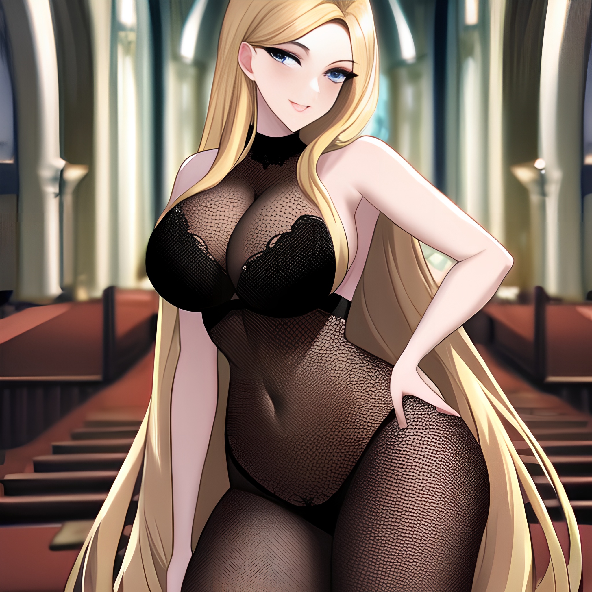blonde church long hair fishnet woman 