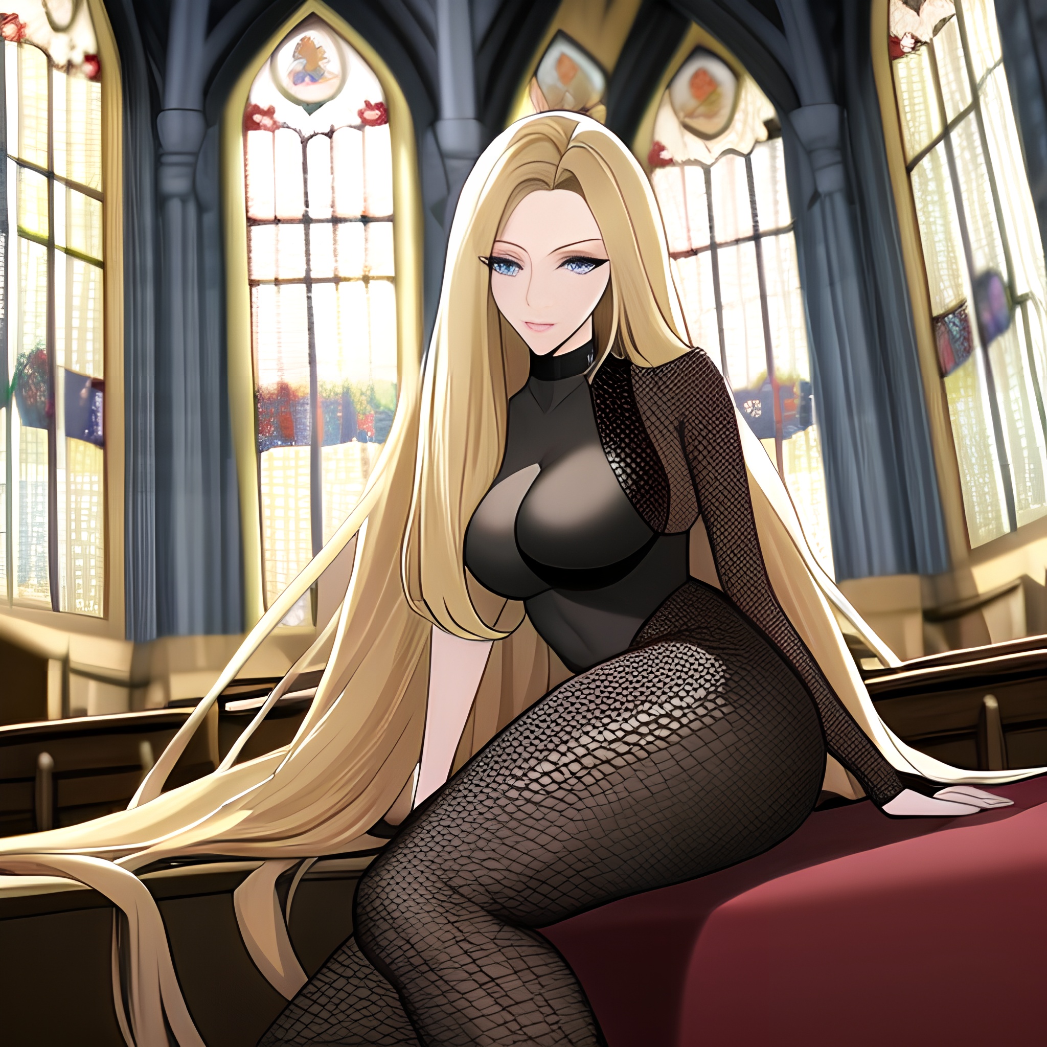 blonde church long hair fishnet woman 