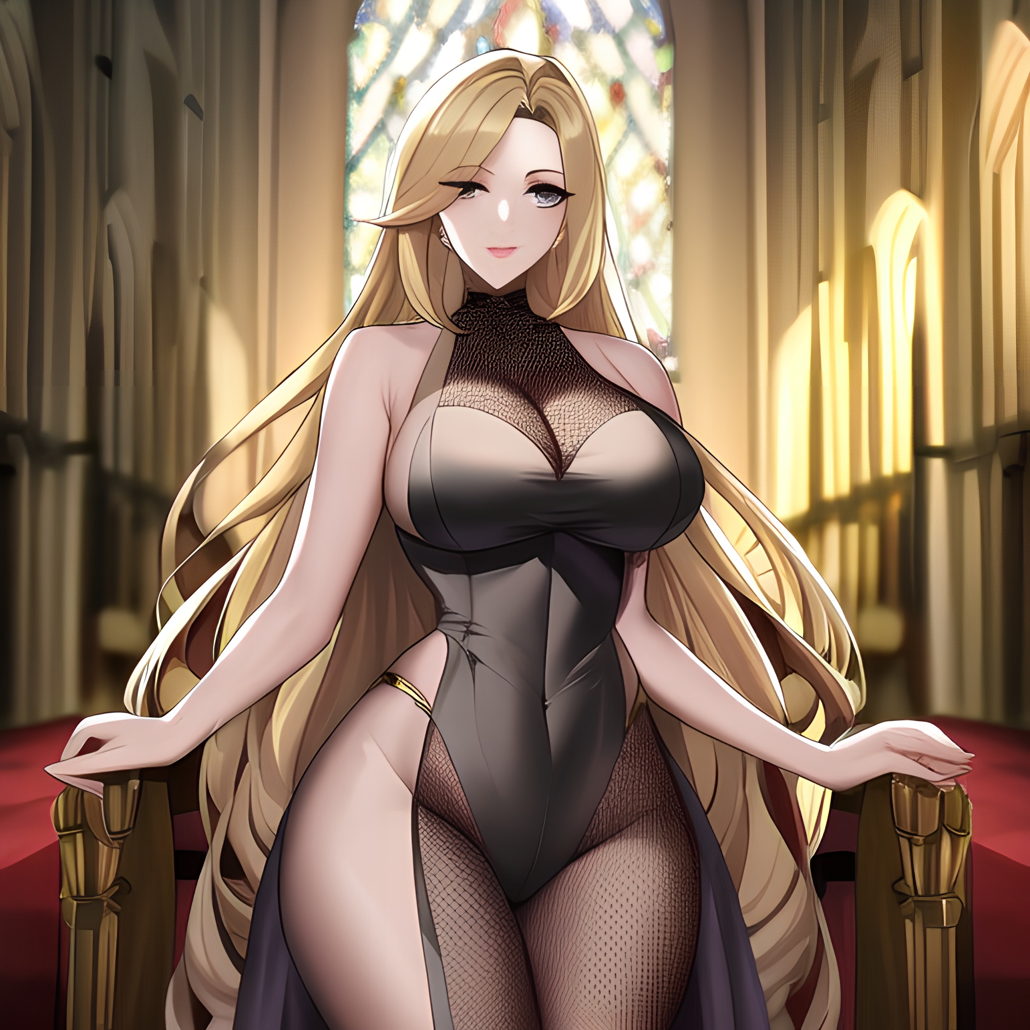 blonde church long hair fishnet woman