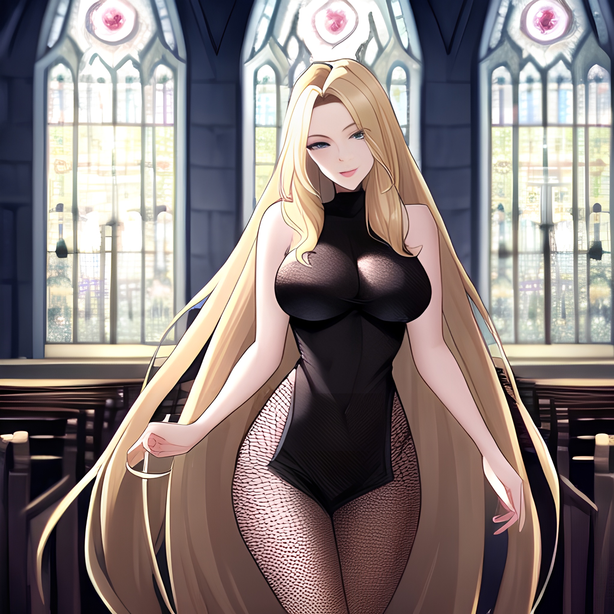 blonde church long hair fishnet woman 