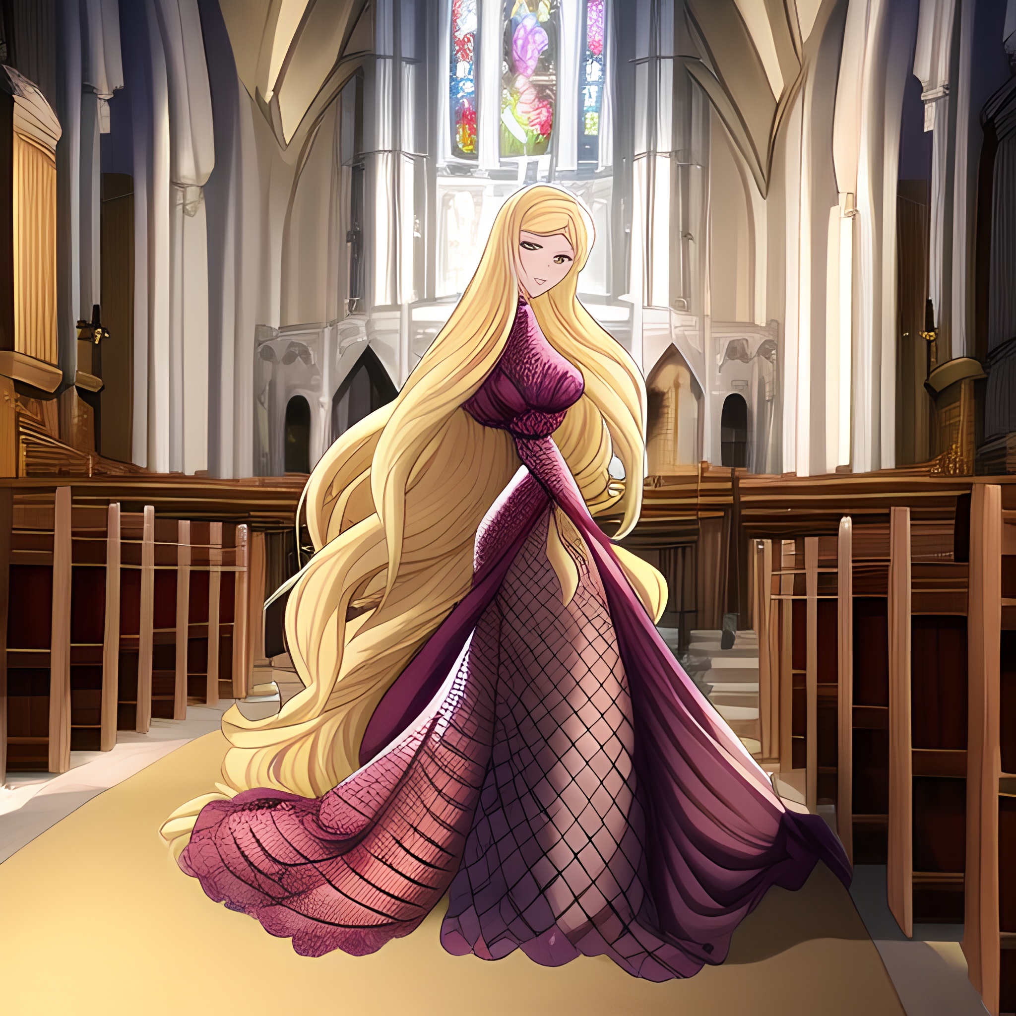 blonde church long hair fishnet woman 