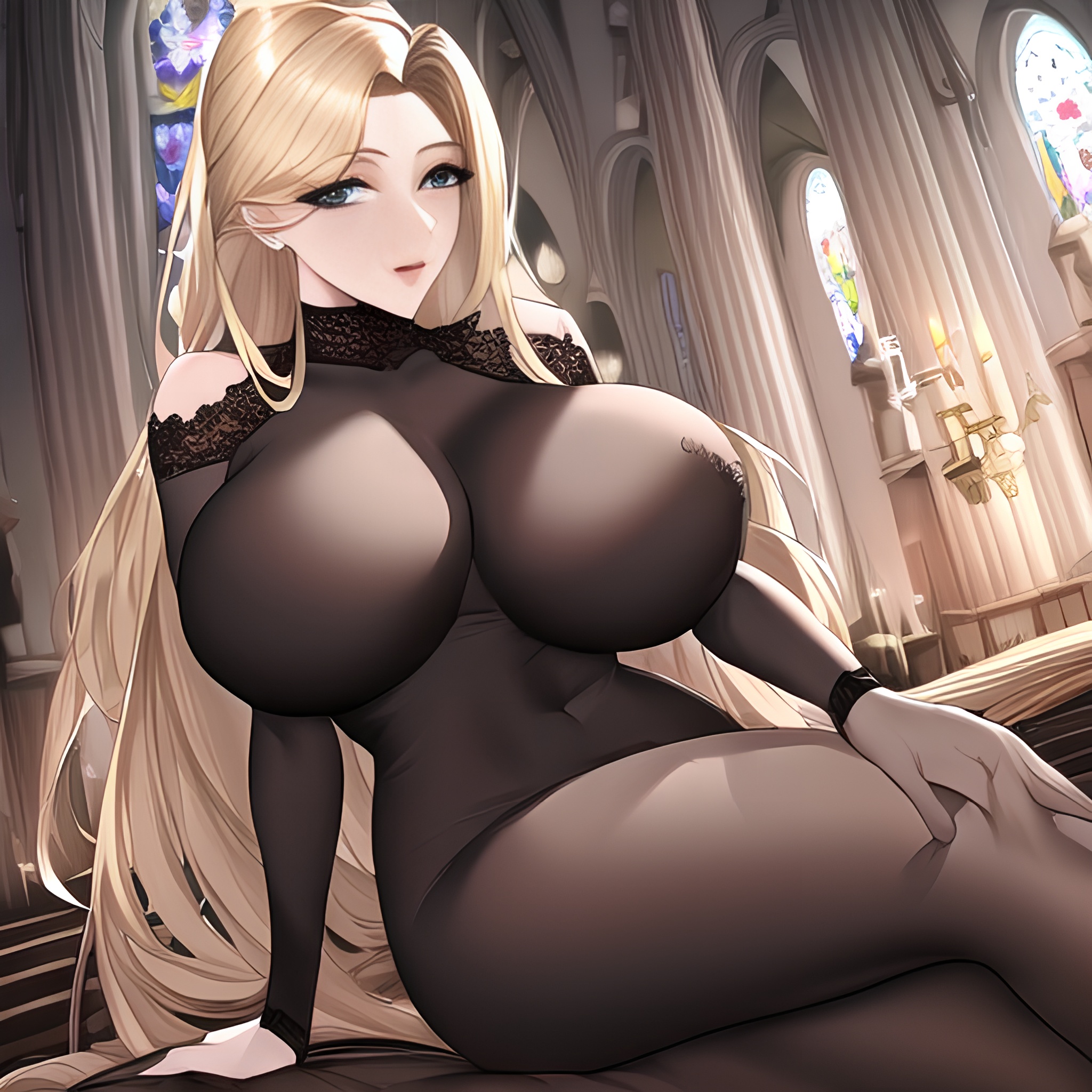 blonde church long hair front view small boobs fishnet woman nude 
