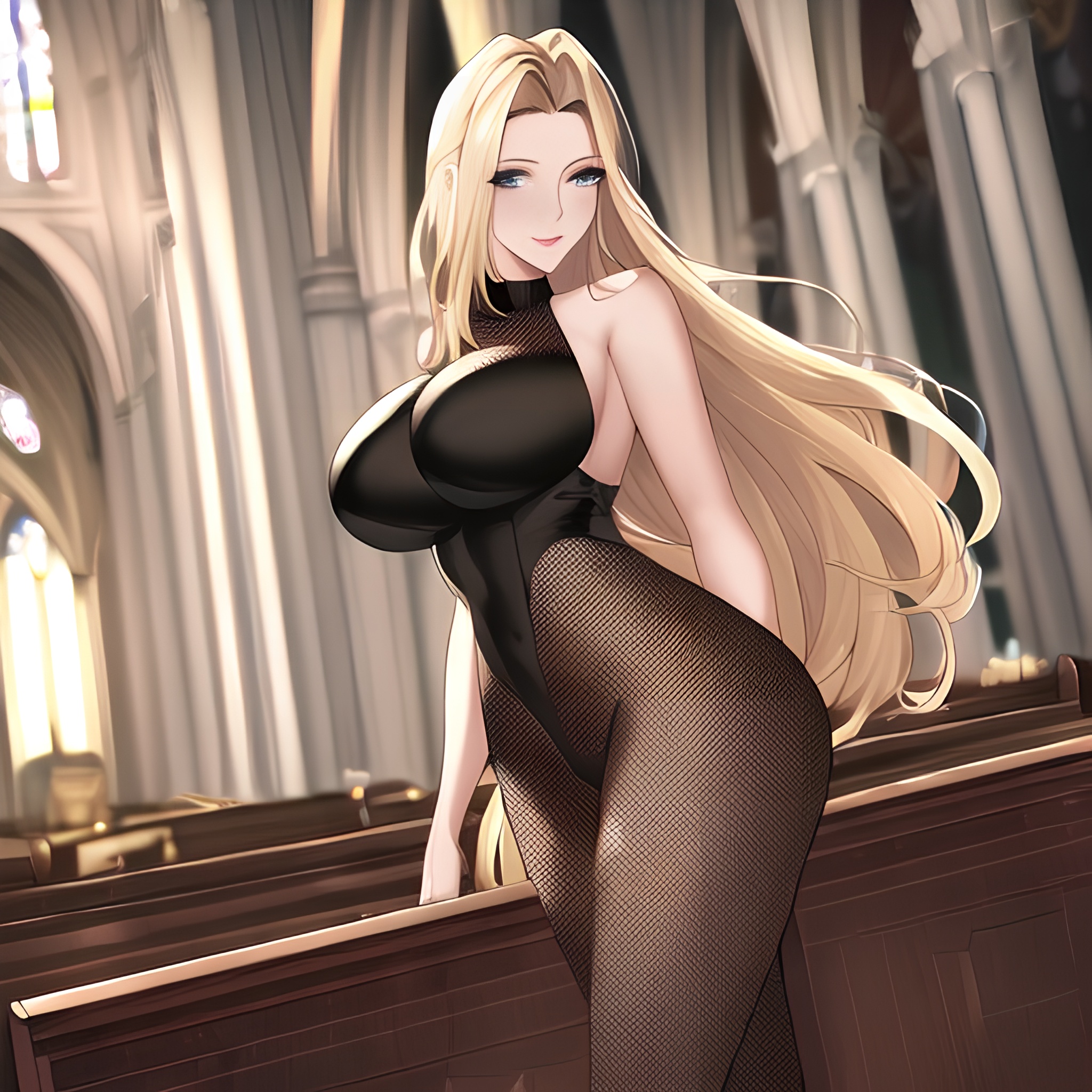 blonde church long hair front view woman fishnet nude small boobs 