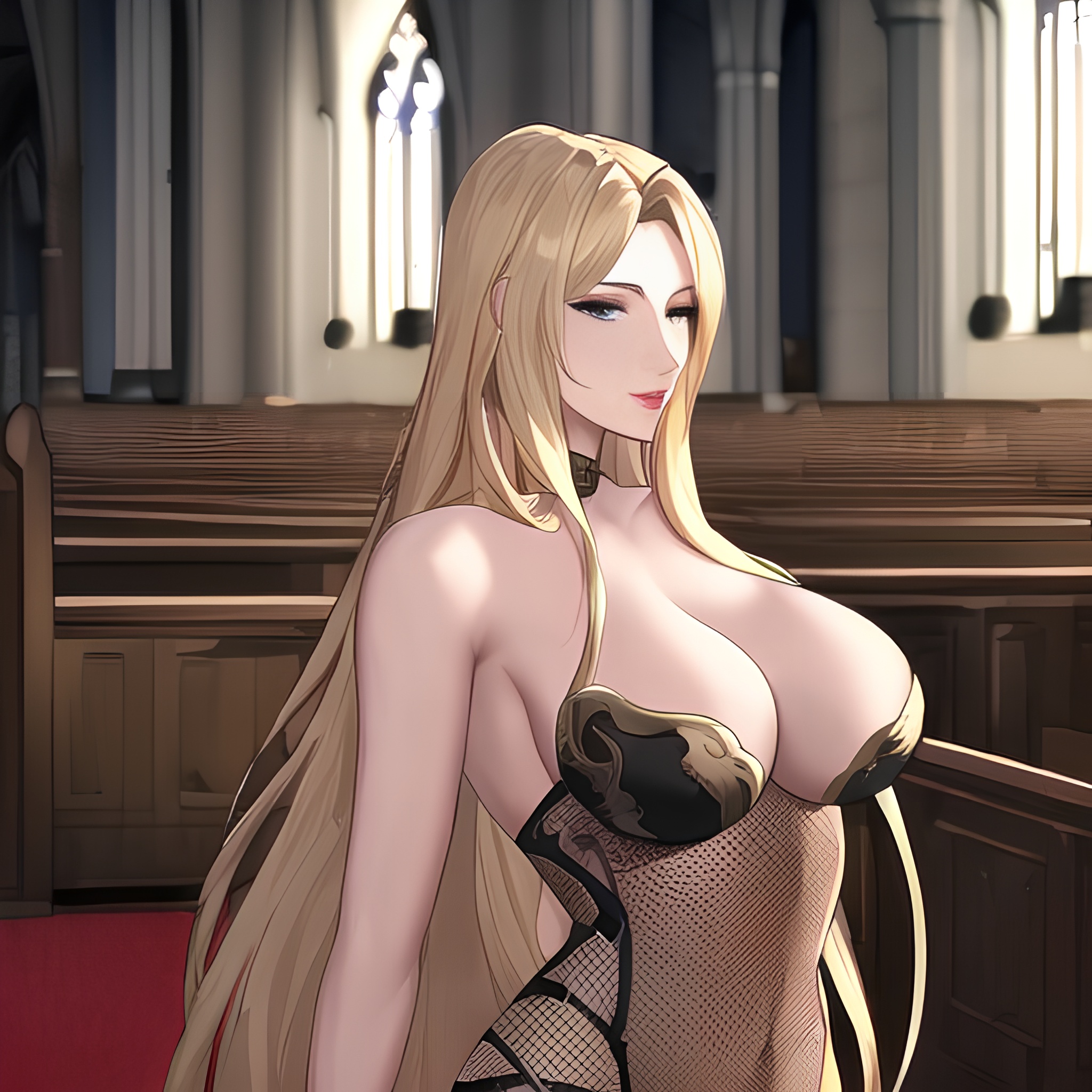 blonde church long hair small boobs fishnet nude front view woman 