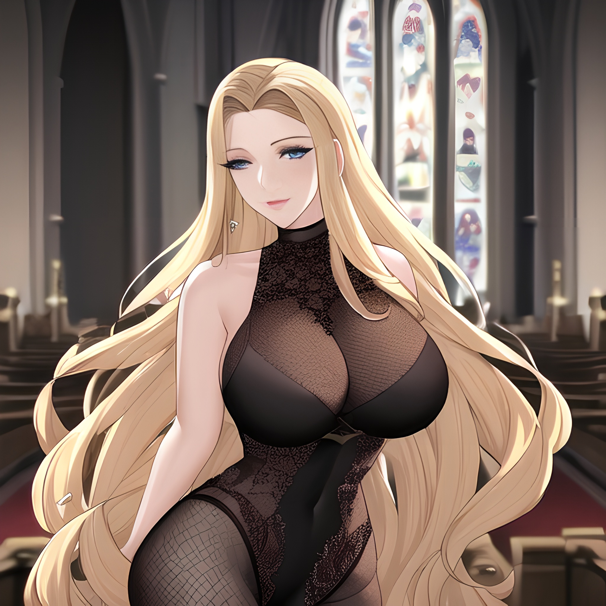 blonde church nude fishnet small boobs front view woman long hair 