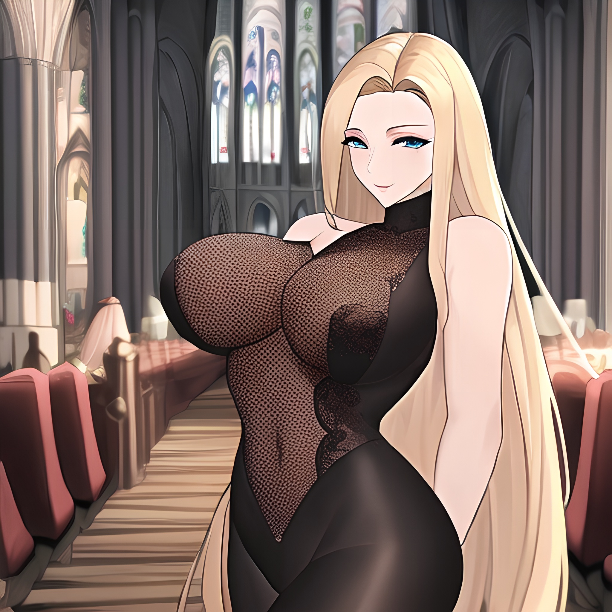 blonde church nude front view woman small boobs fishnet long hair 