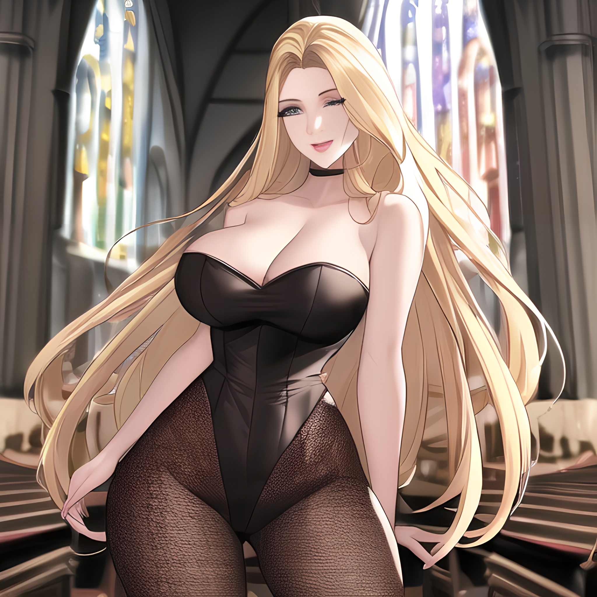 blonde church nude small boobs woman fishnet front view long hair 