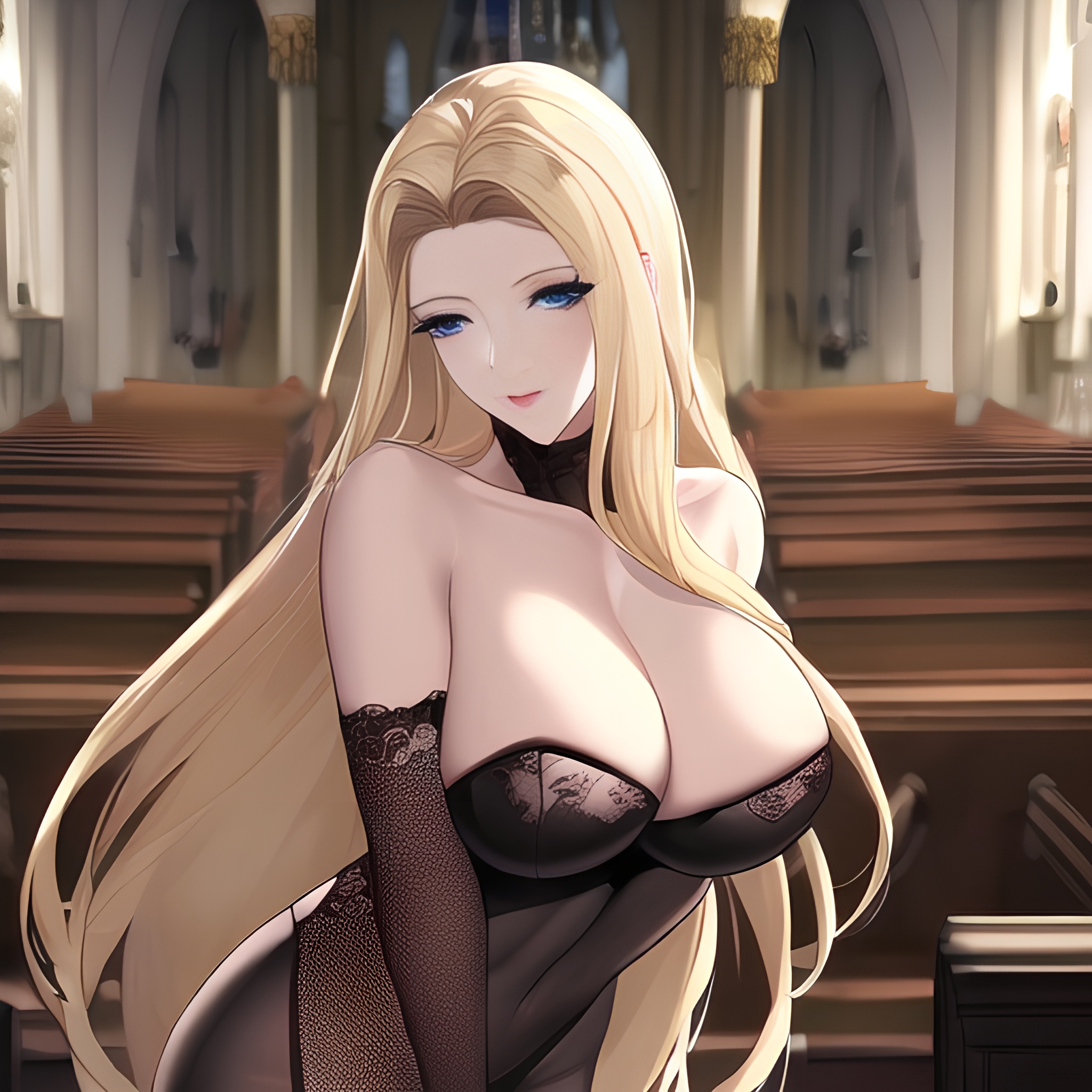 blonde church nude woman front view fishnet small boobs long hair 