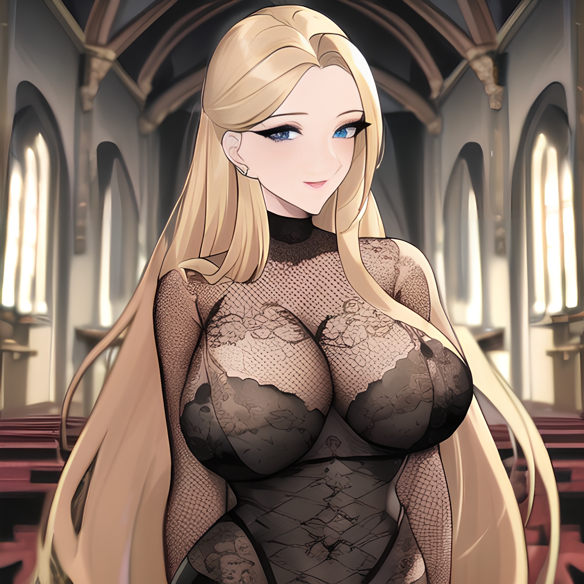 blonde church nude woman front view long hair fishnet small boobs 