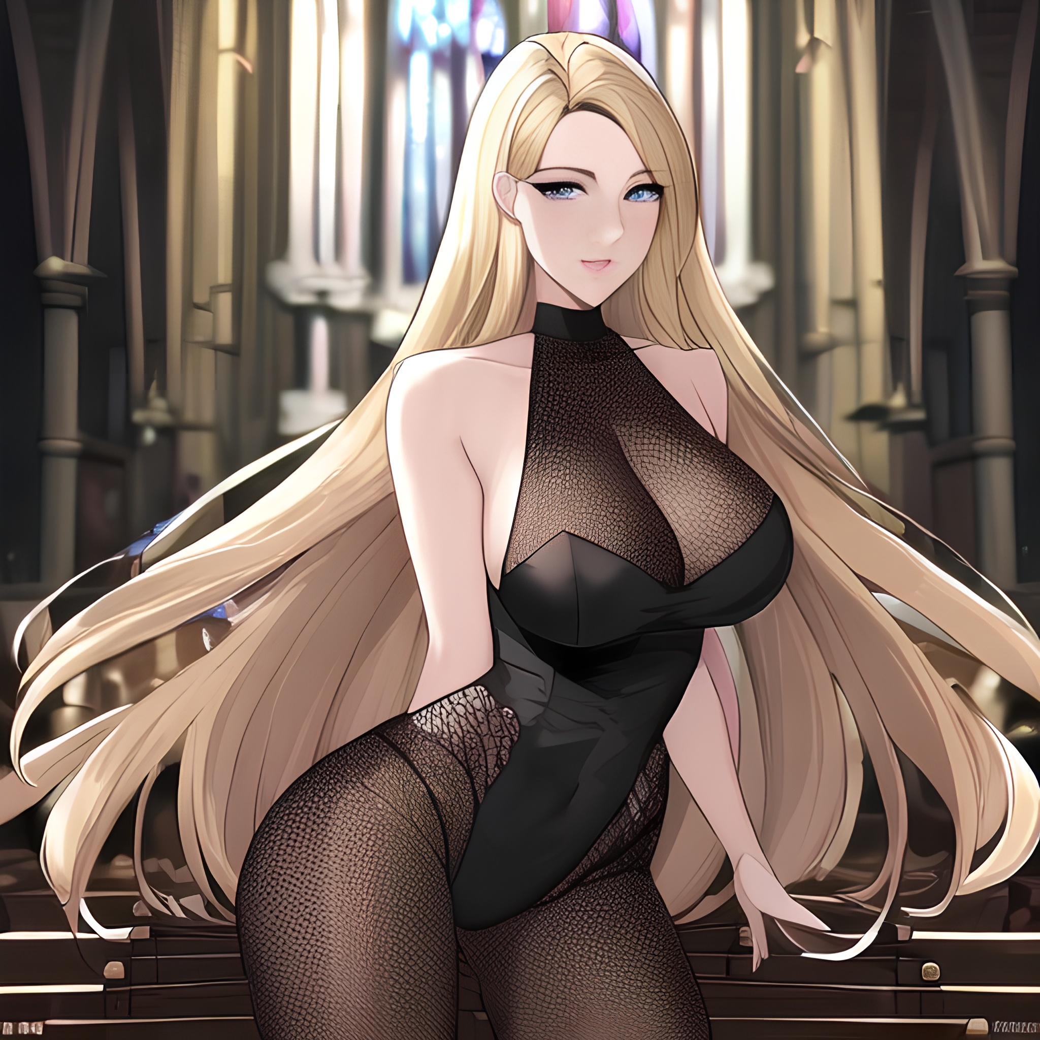 blonde church nude woman long hair fishnet small boobs front view 