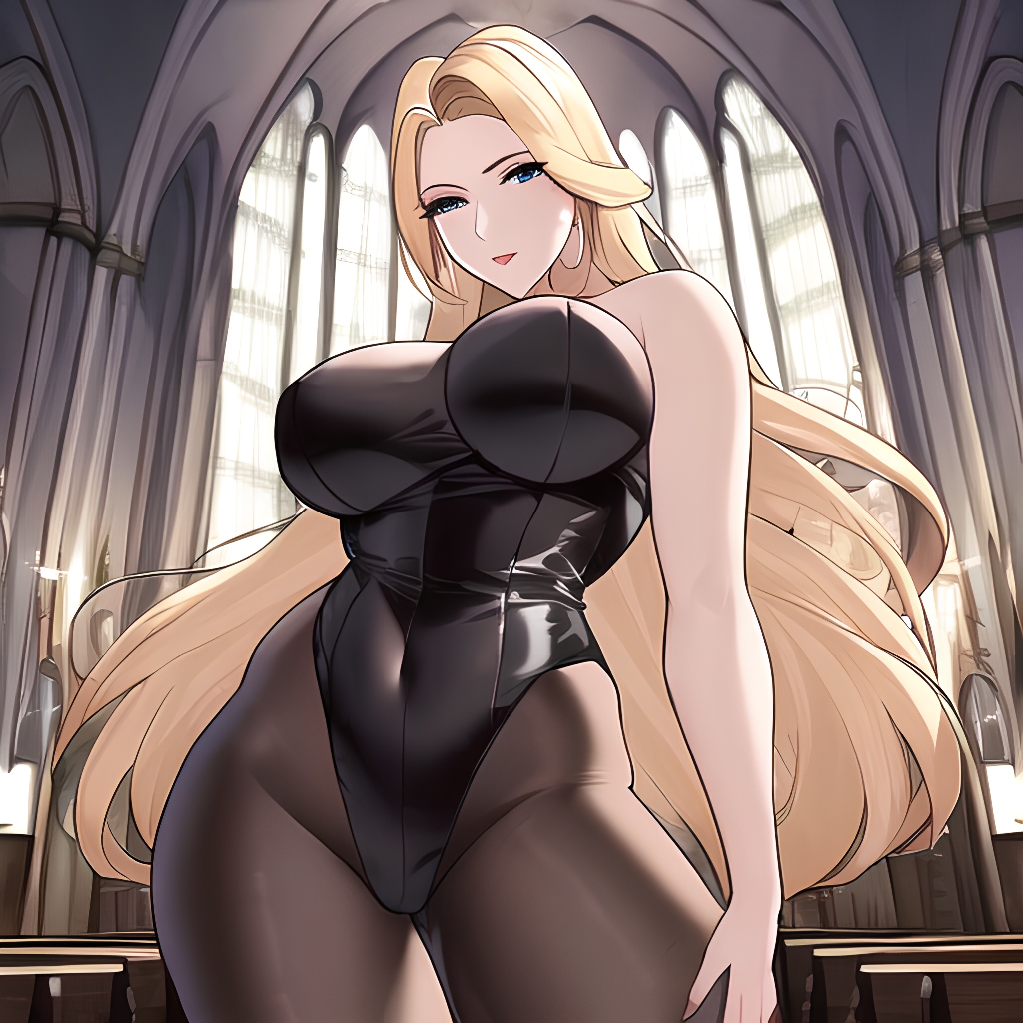 blonde church nude woman small boobs long hair front view fishnet 