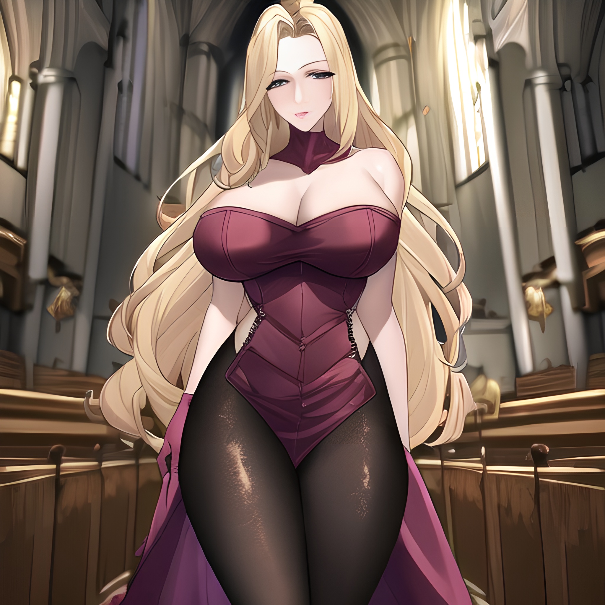 blonde church small boobs front view nude woman long hair fishnet 