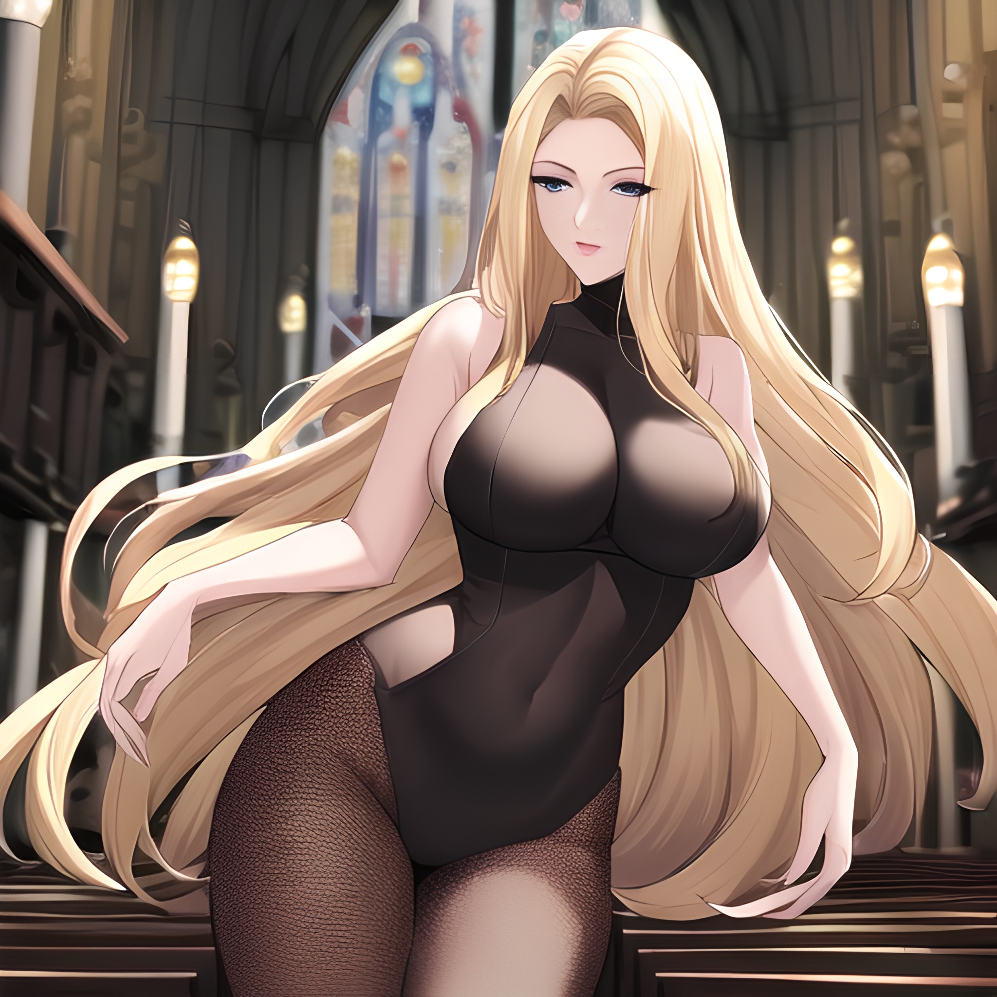 blonde church small boobs nude fishnet woman long hair front view 