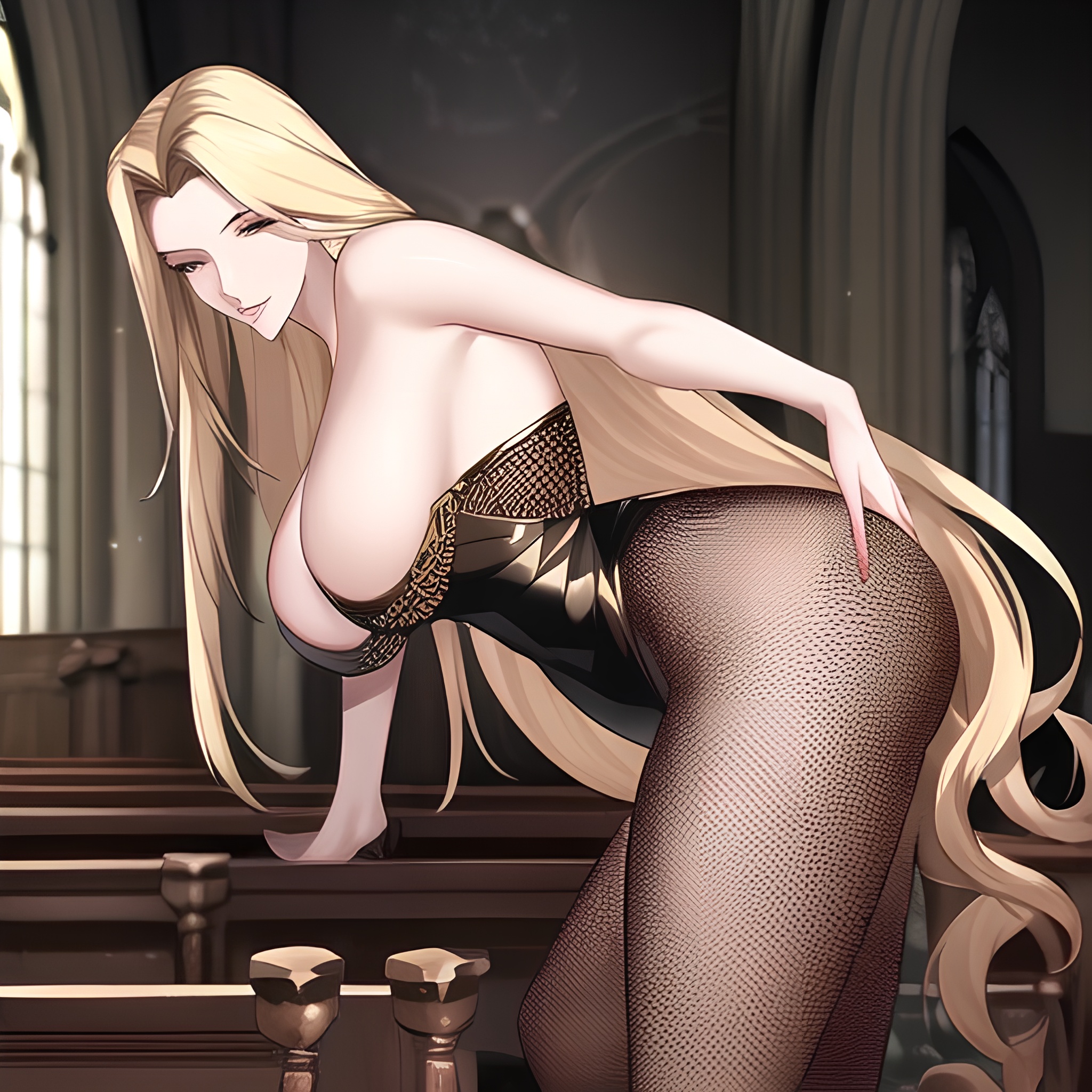 blonde church small boobs nude long hair front view fishnet woman 