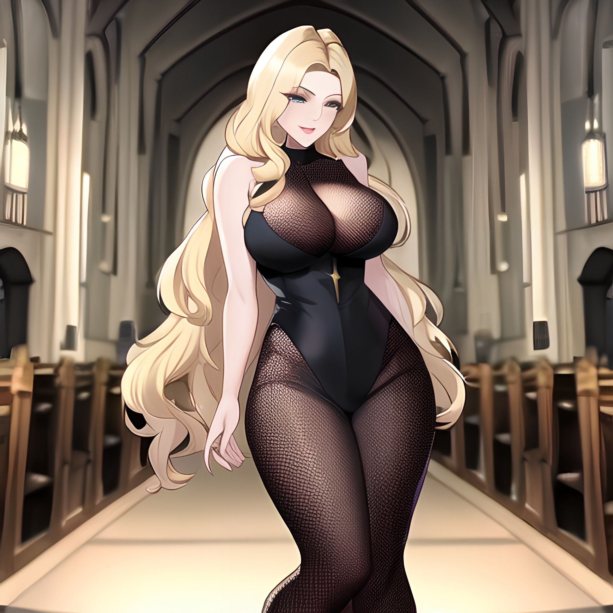 blonde church woman long hair fishnet 