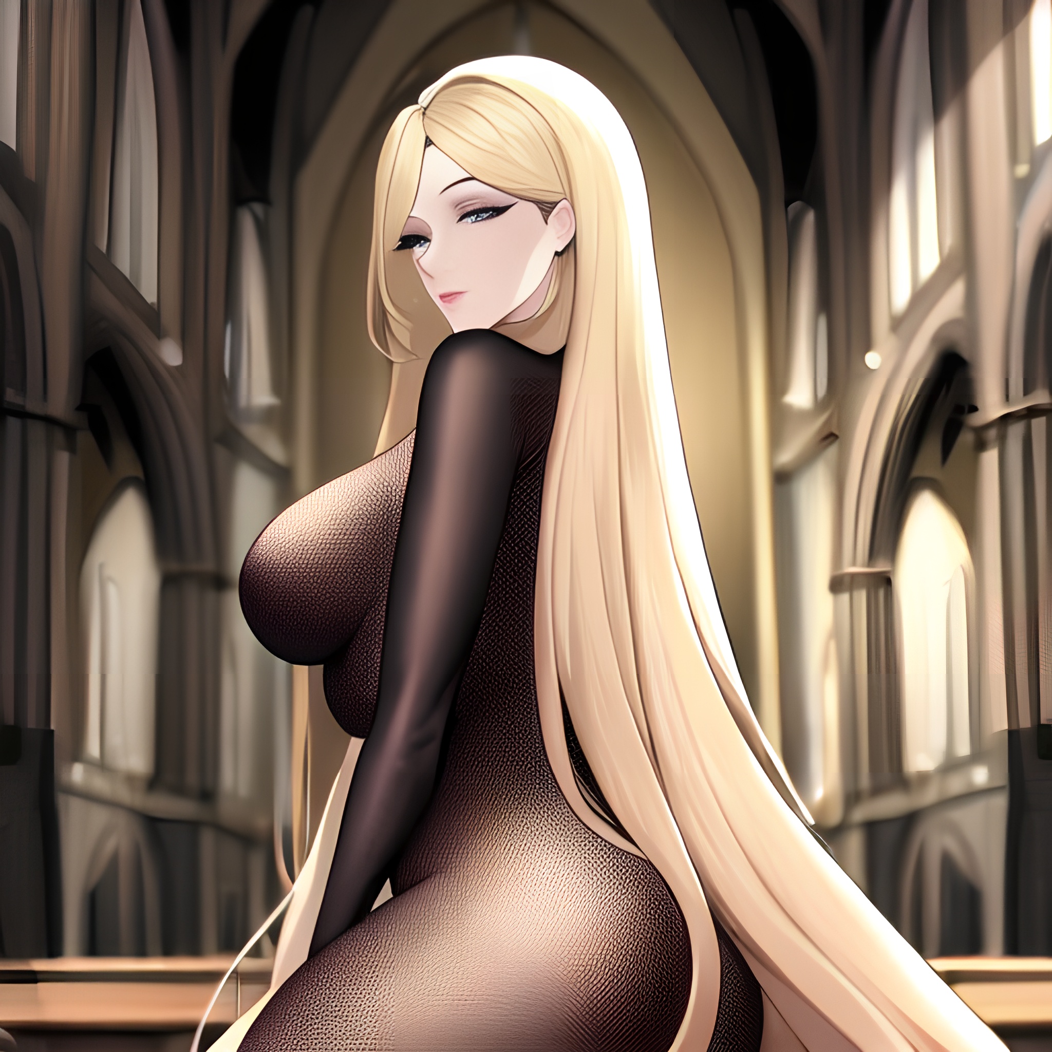 blonde church woman long hair fishnet 