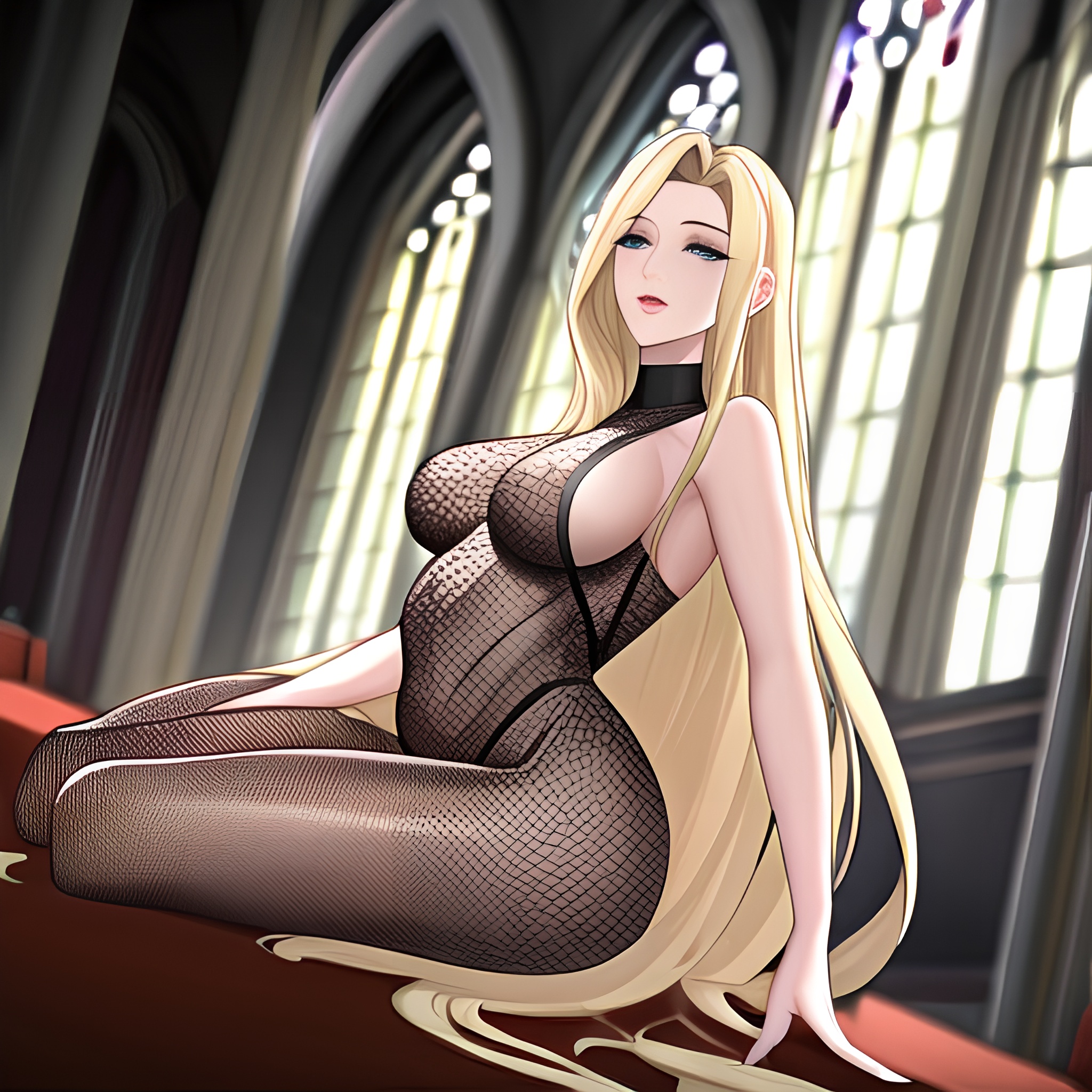 blonde fishnet church long hair woman 