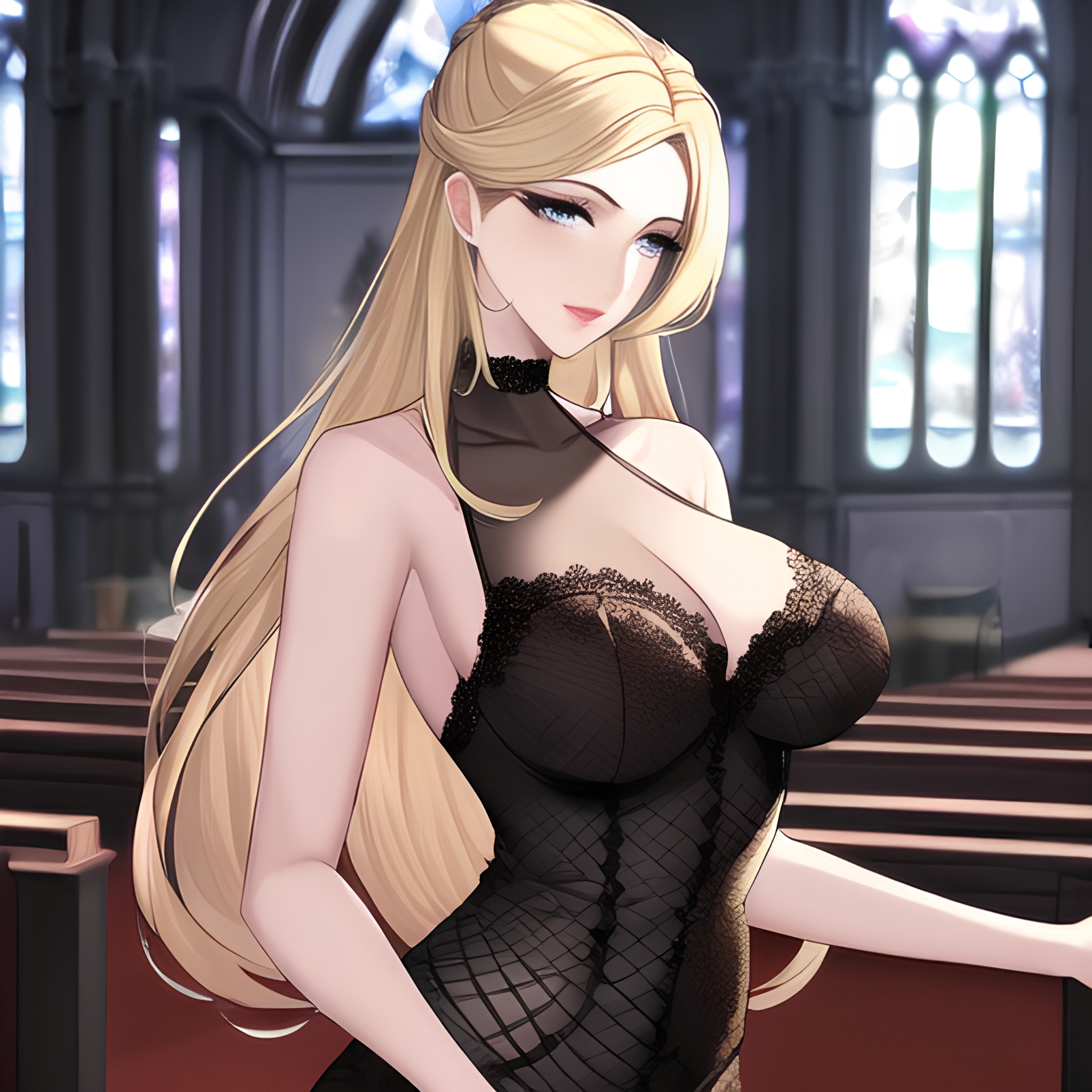 blonde fishnet front view long hair church nude small boobs woman 