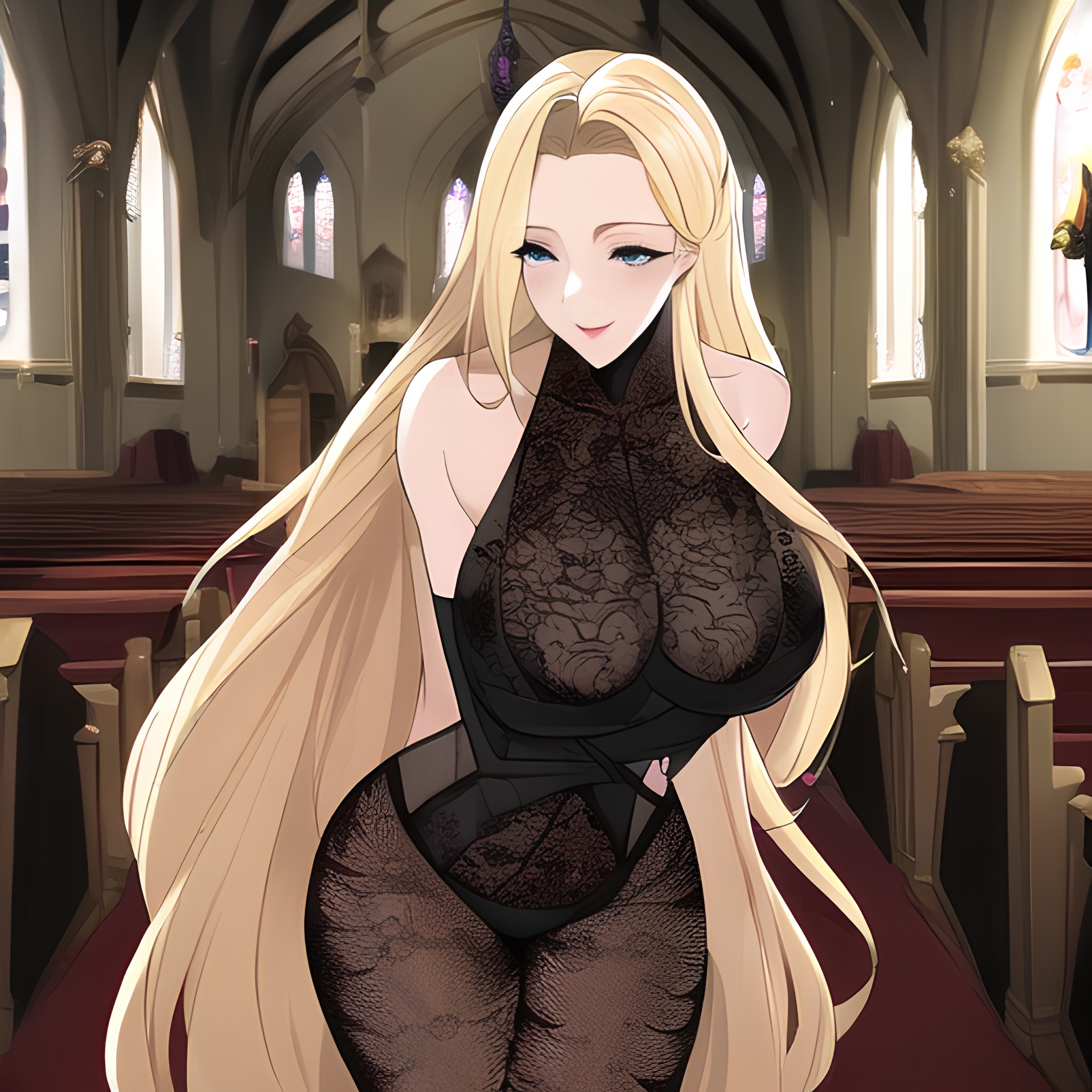 blonde fishnet long hair church nude front view woman small boobs 