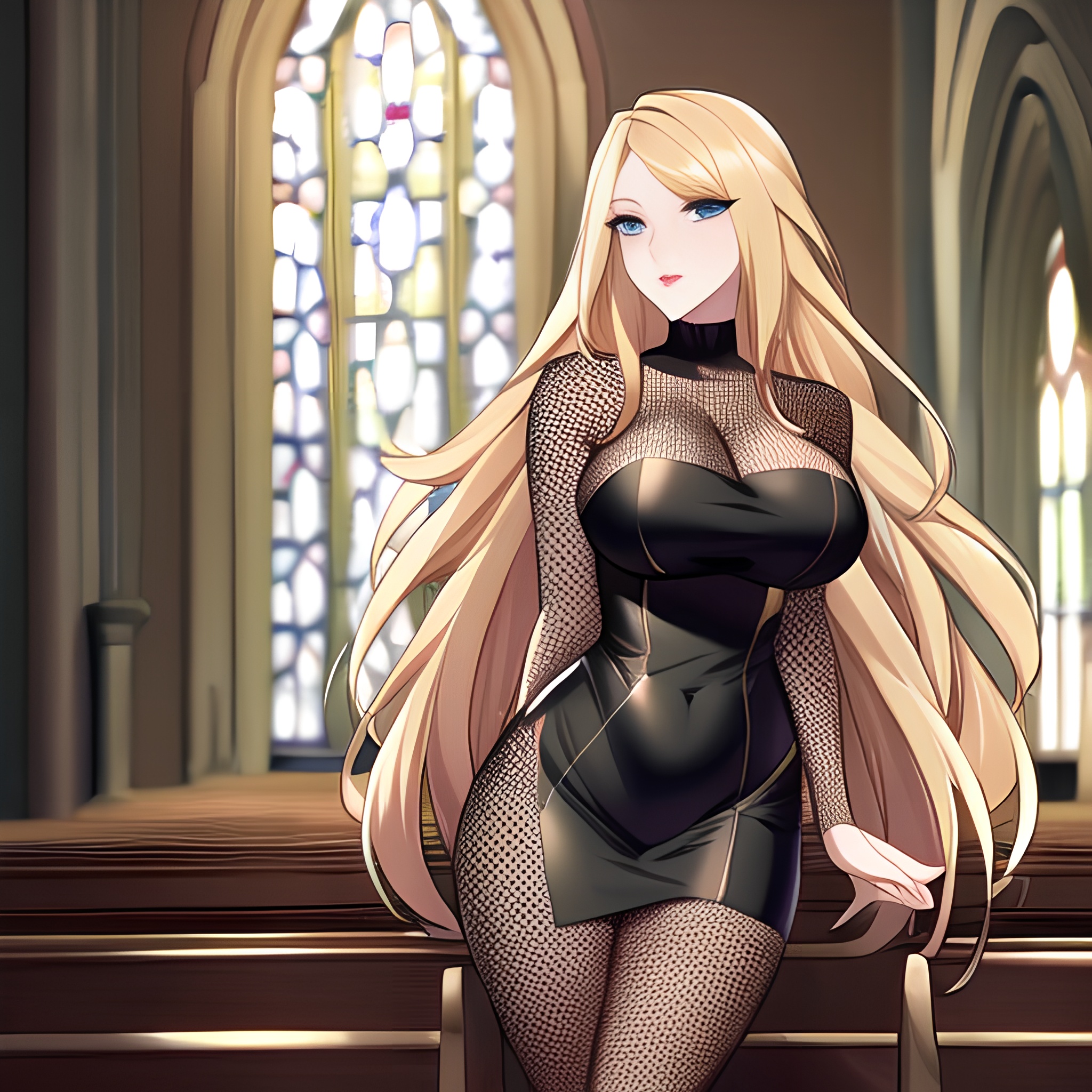 blonde fishnet long hair church woman 