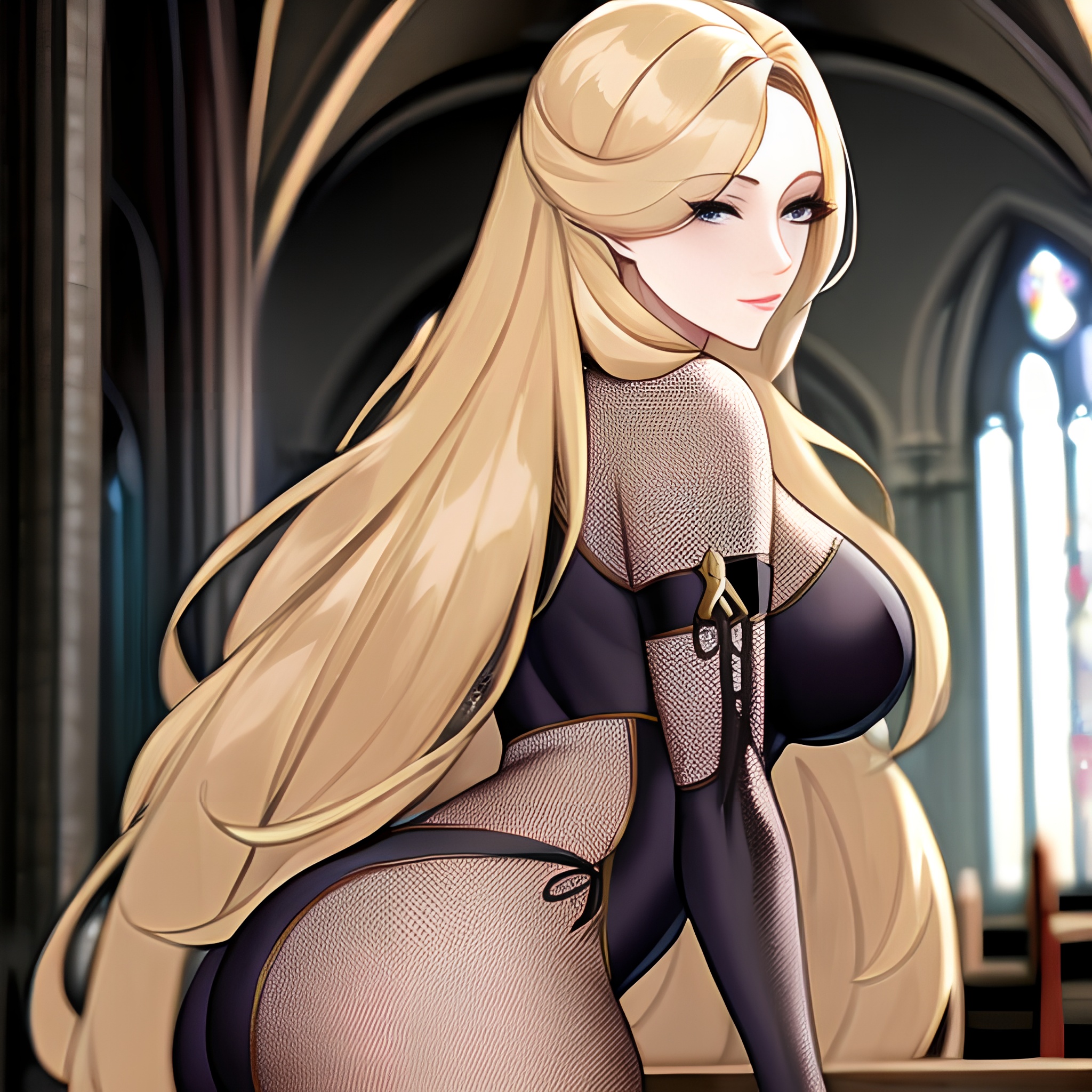 blonde fishnet long hair church woman