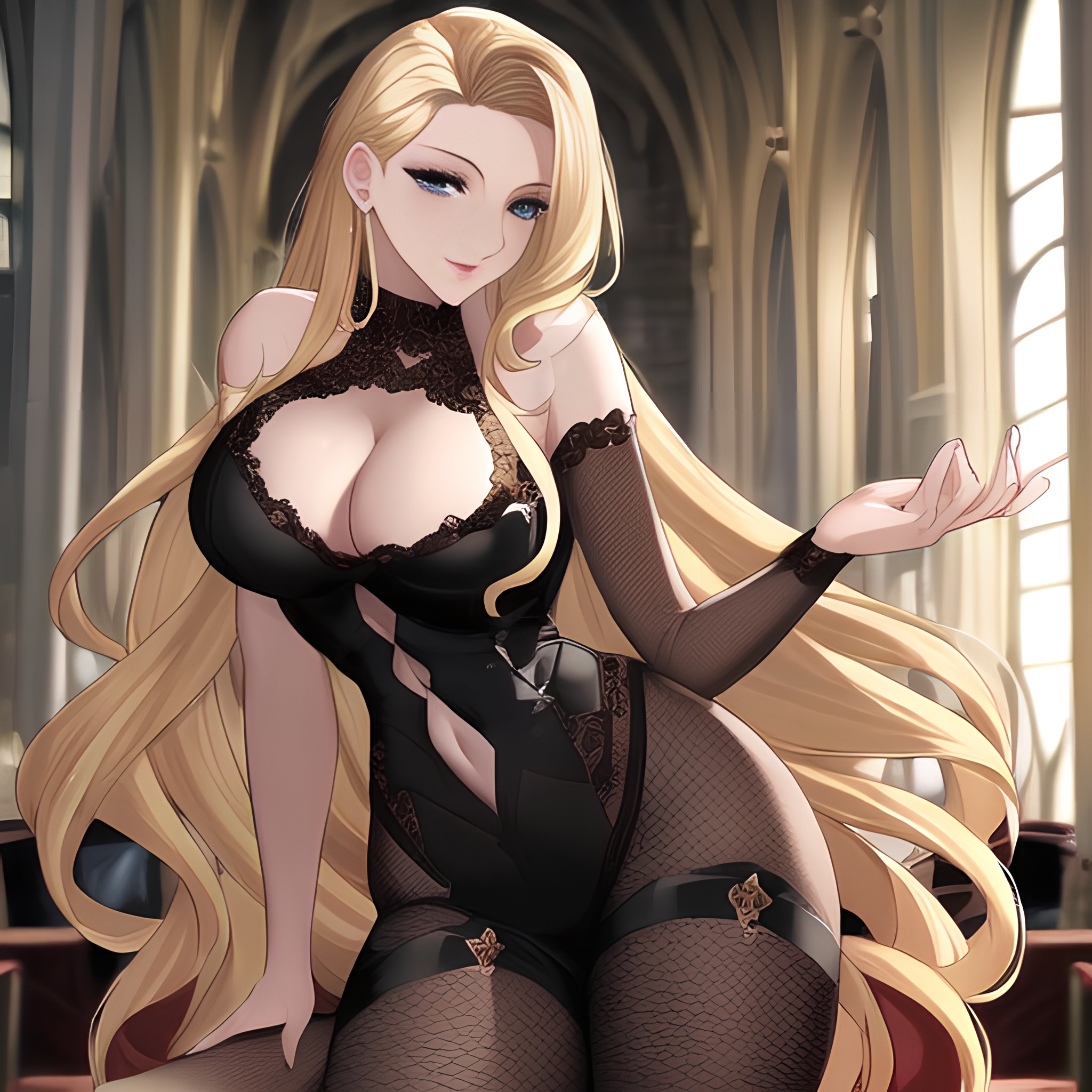 blonde fishnet long hair front view woman church nude small boobs 