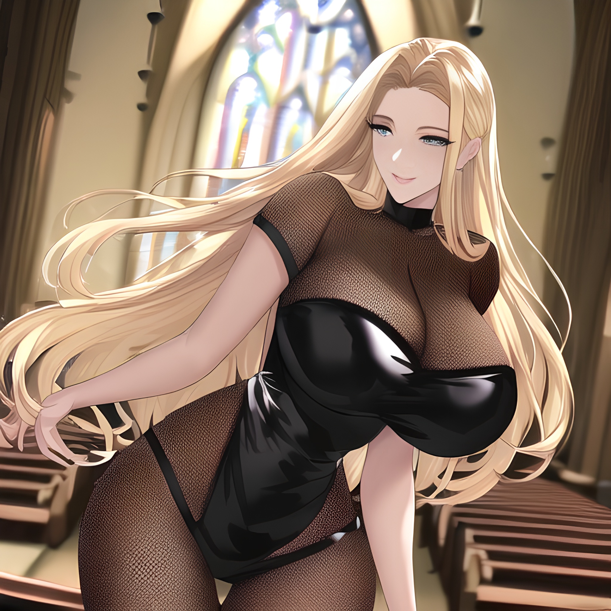 blonde fishnet long hair nude woman small boobs church front view 