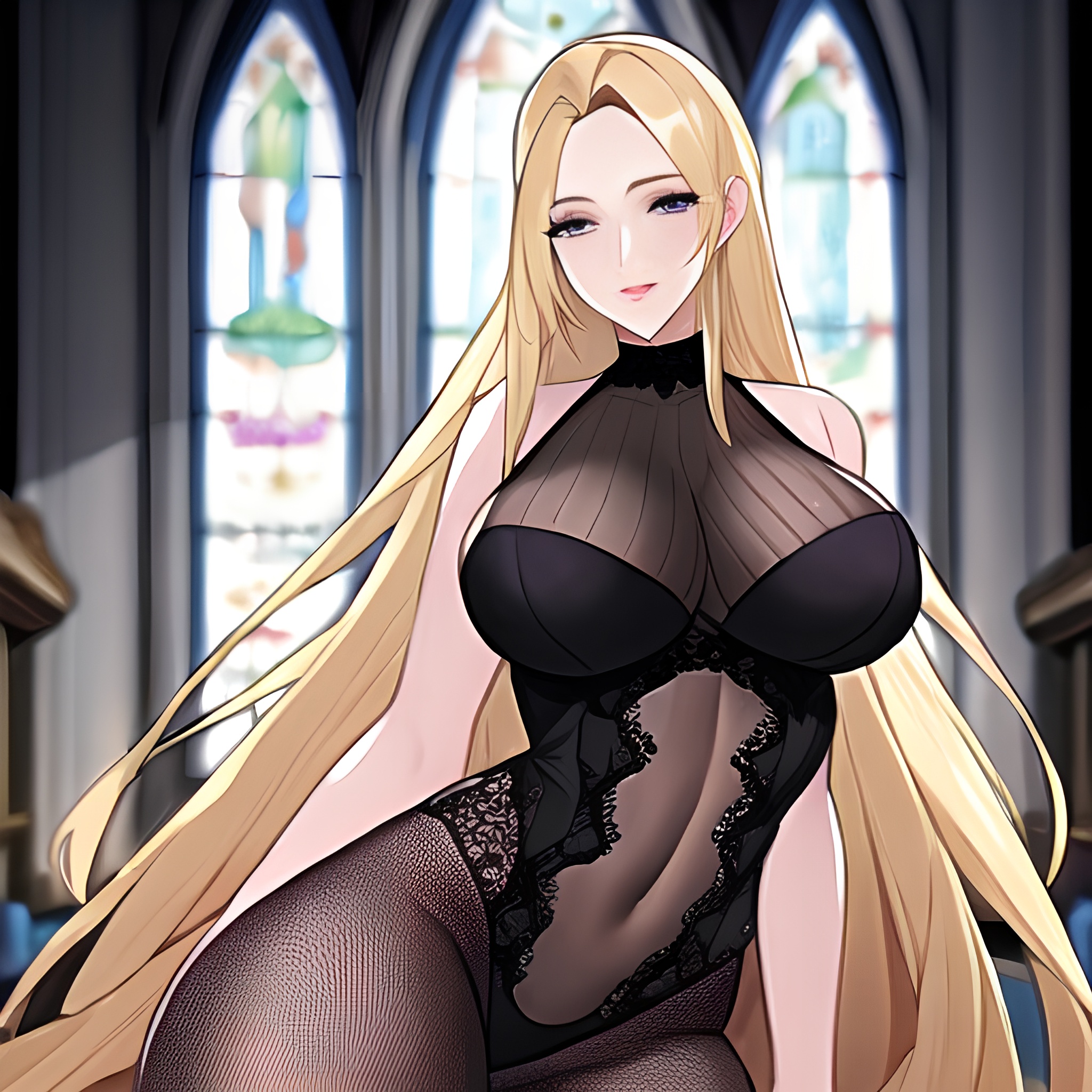 blonde fishnet long hair woman church