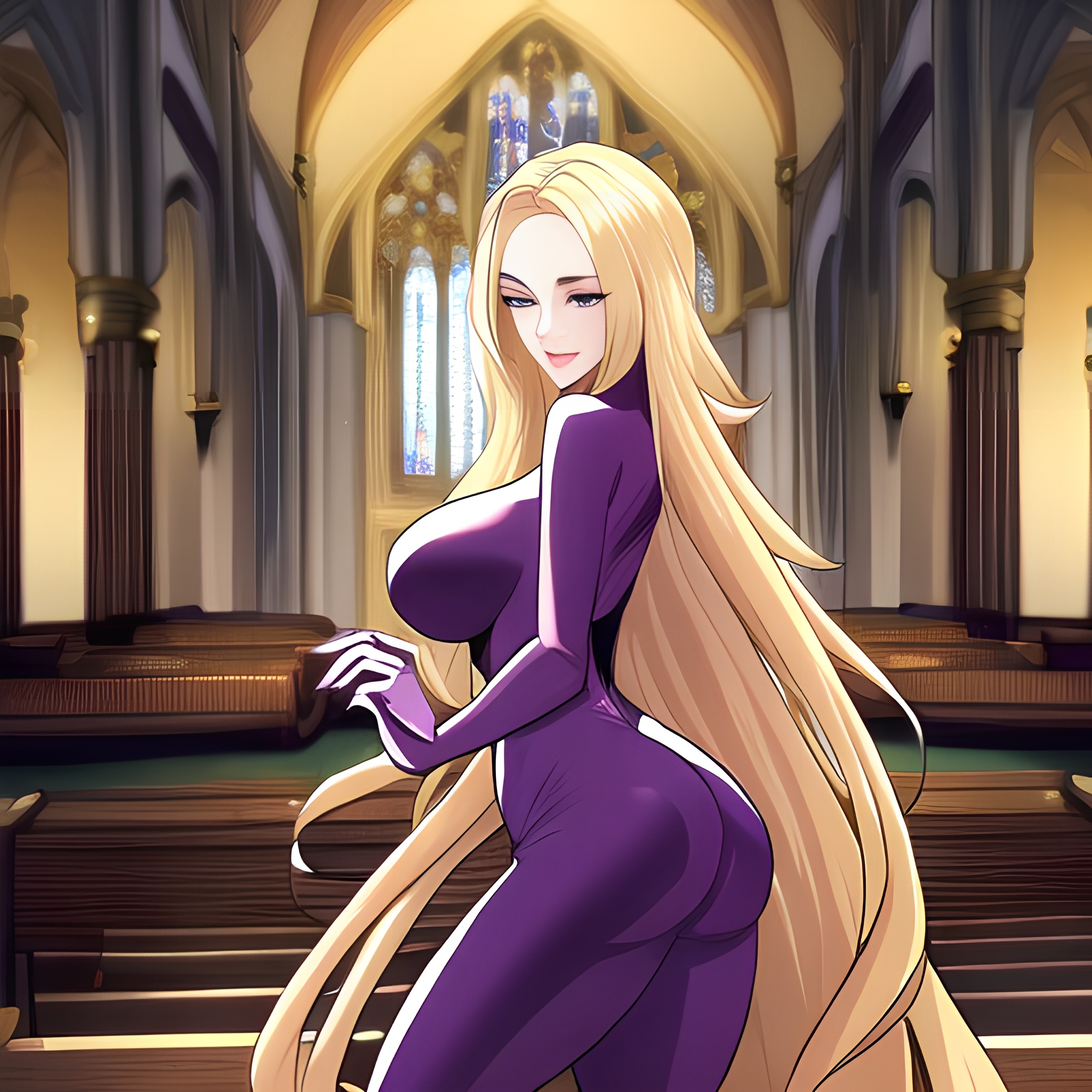 blonde fishnet long hair woman church 