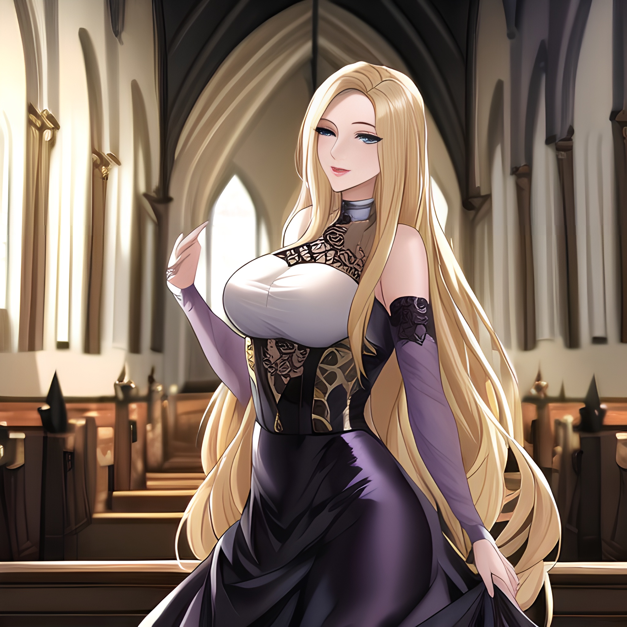 blonde fishnet long hair woman church 