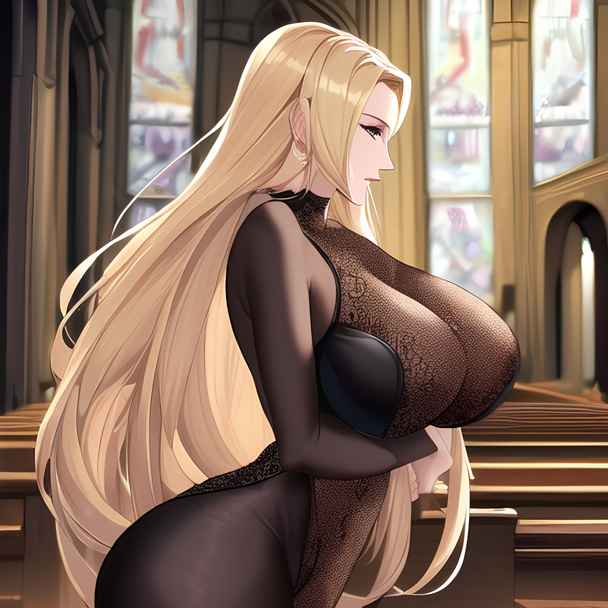 blonde fishnet nude church small boobs woman long hair front view 