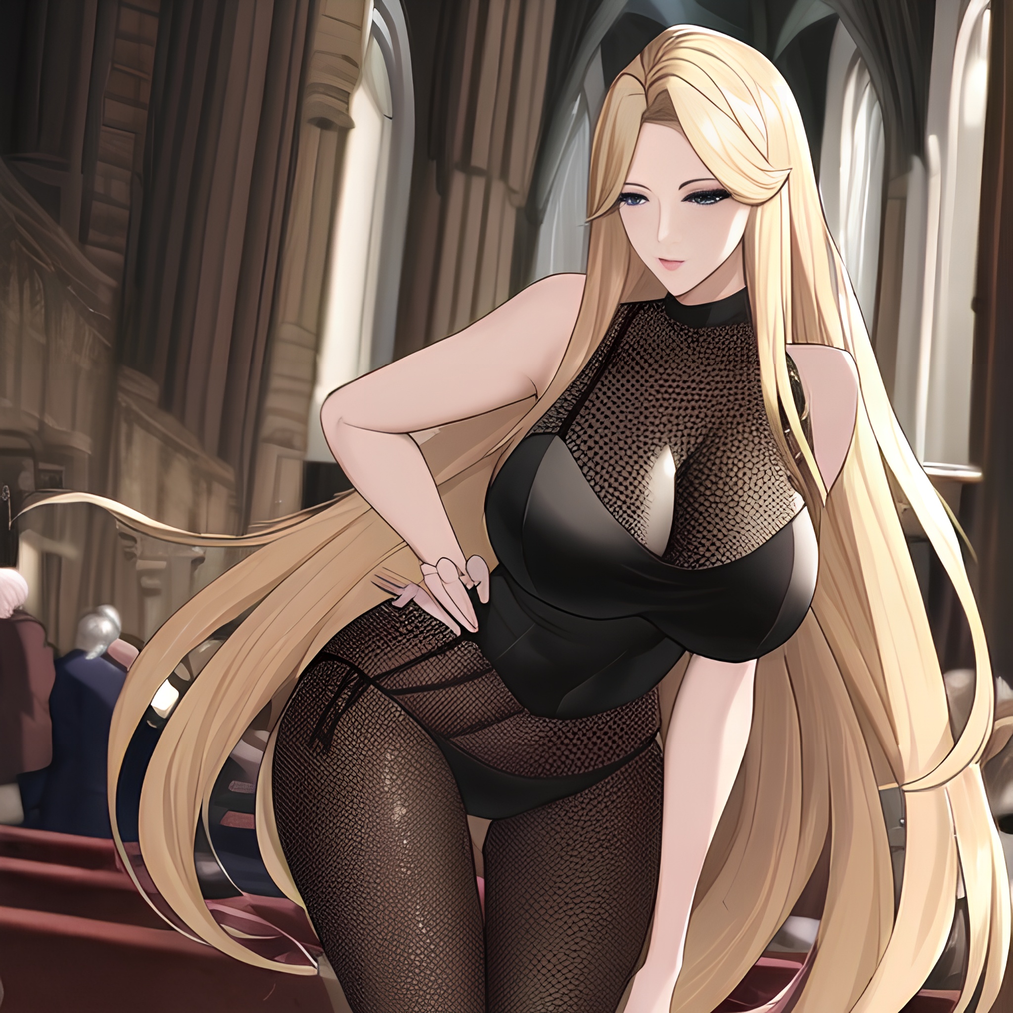 blonde fishnet nude long hair church front view woman small boobs