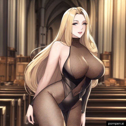 blonde fishnet nude long hair church woman front view small boobs 