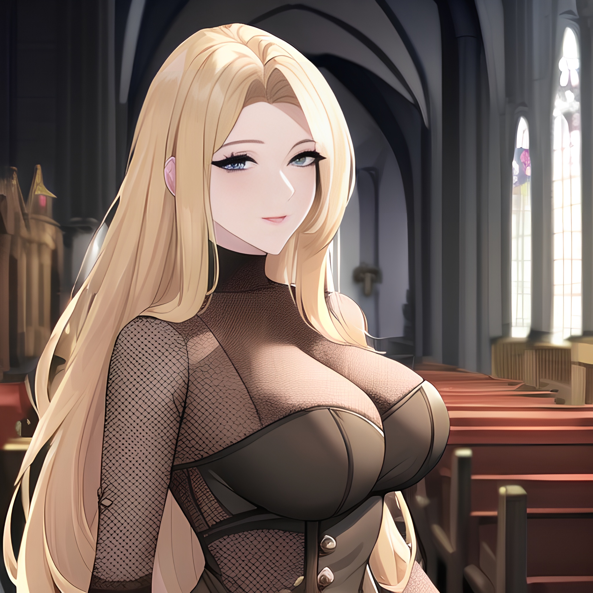 blonde fishnet small boobs long hair woman nude front view church 
