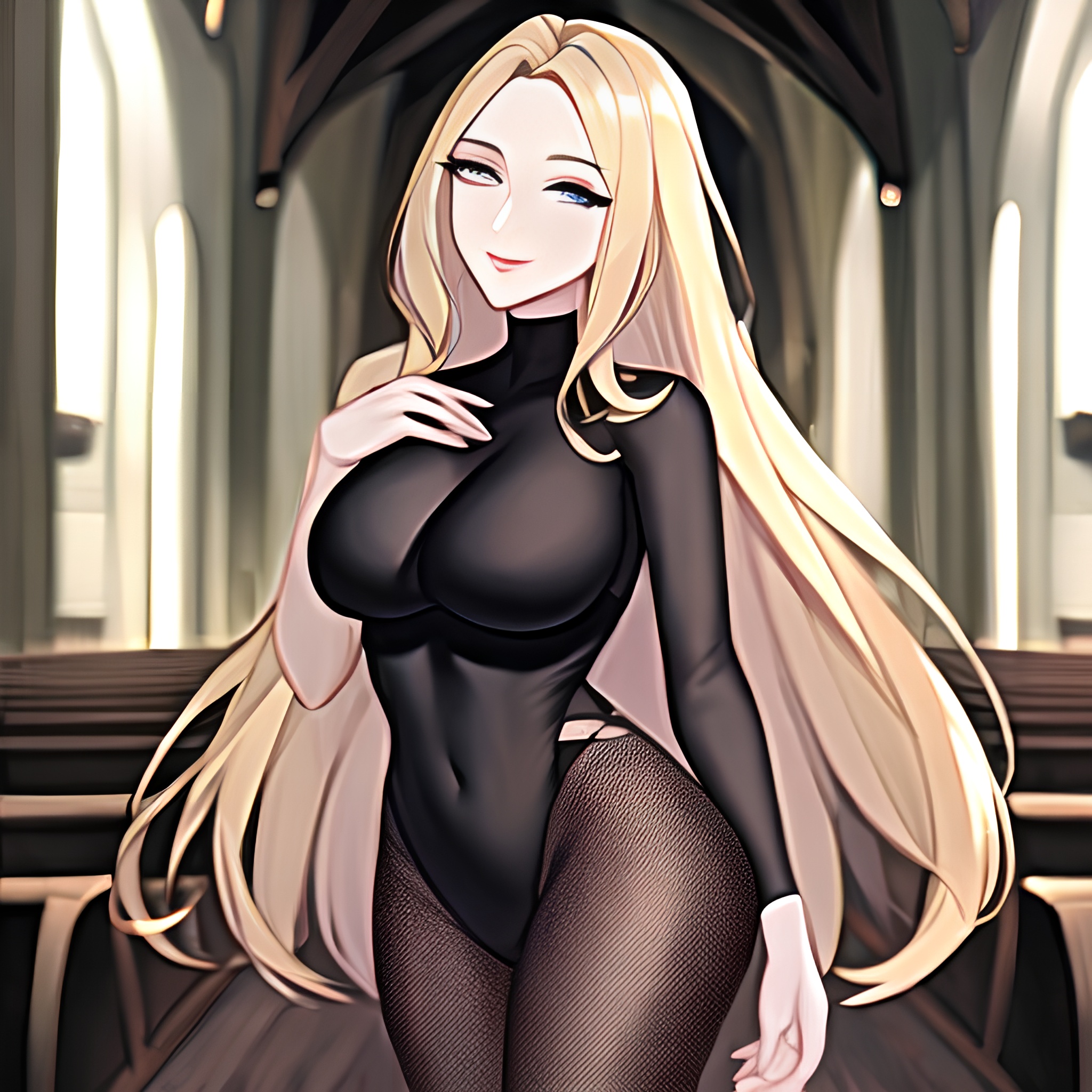 blonde fishnet woman church long hair 
