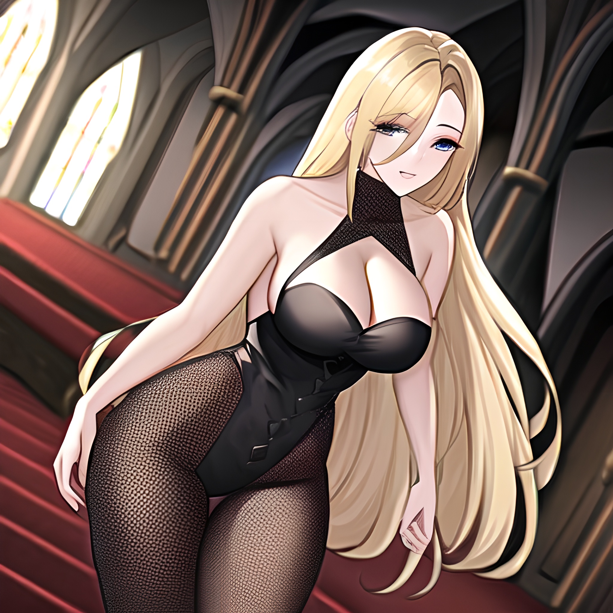 blonde fishnet woman church long hair 