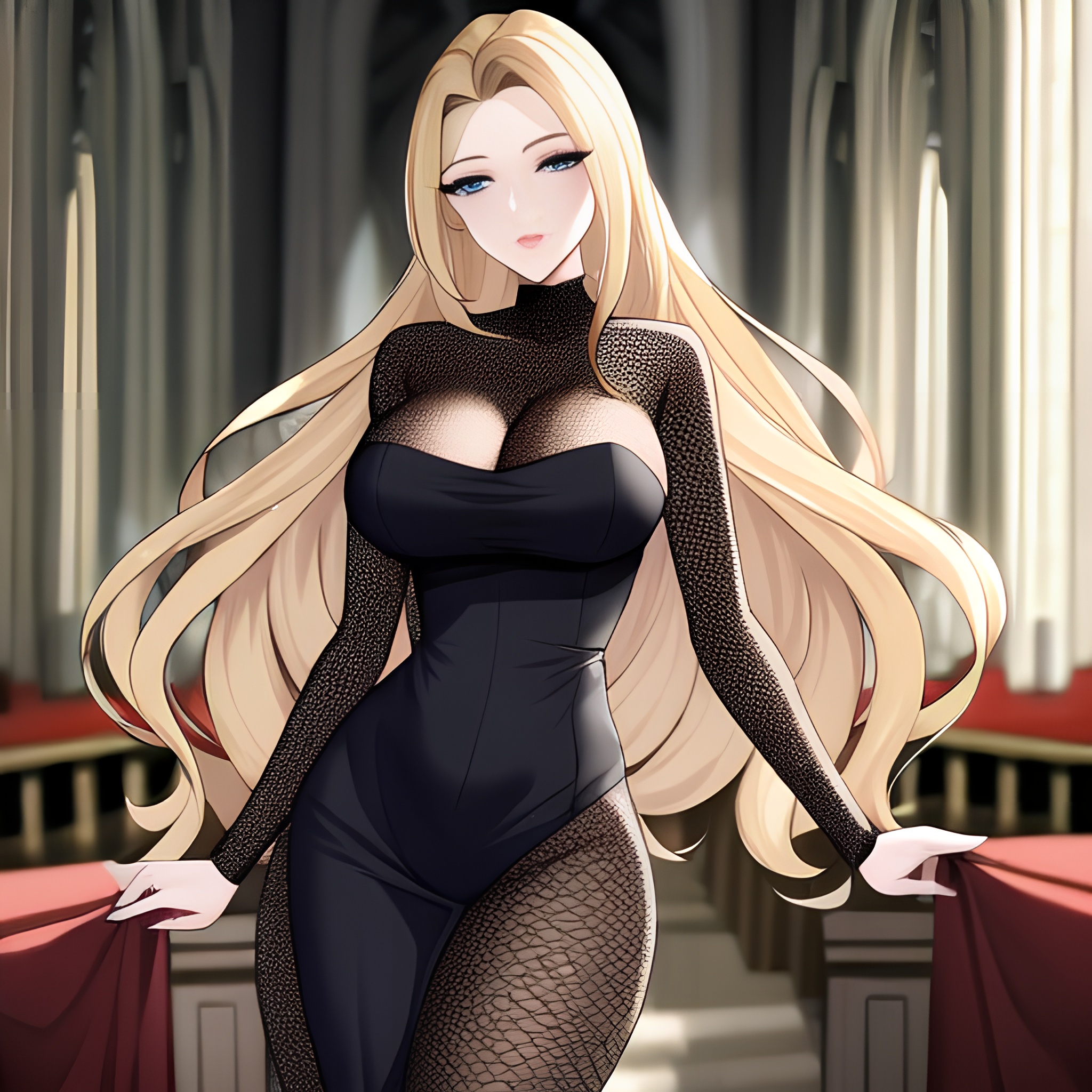 blonde fishnet woman church long hair