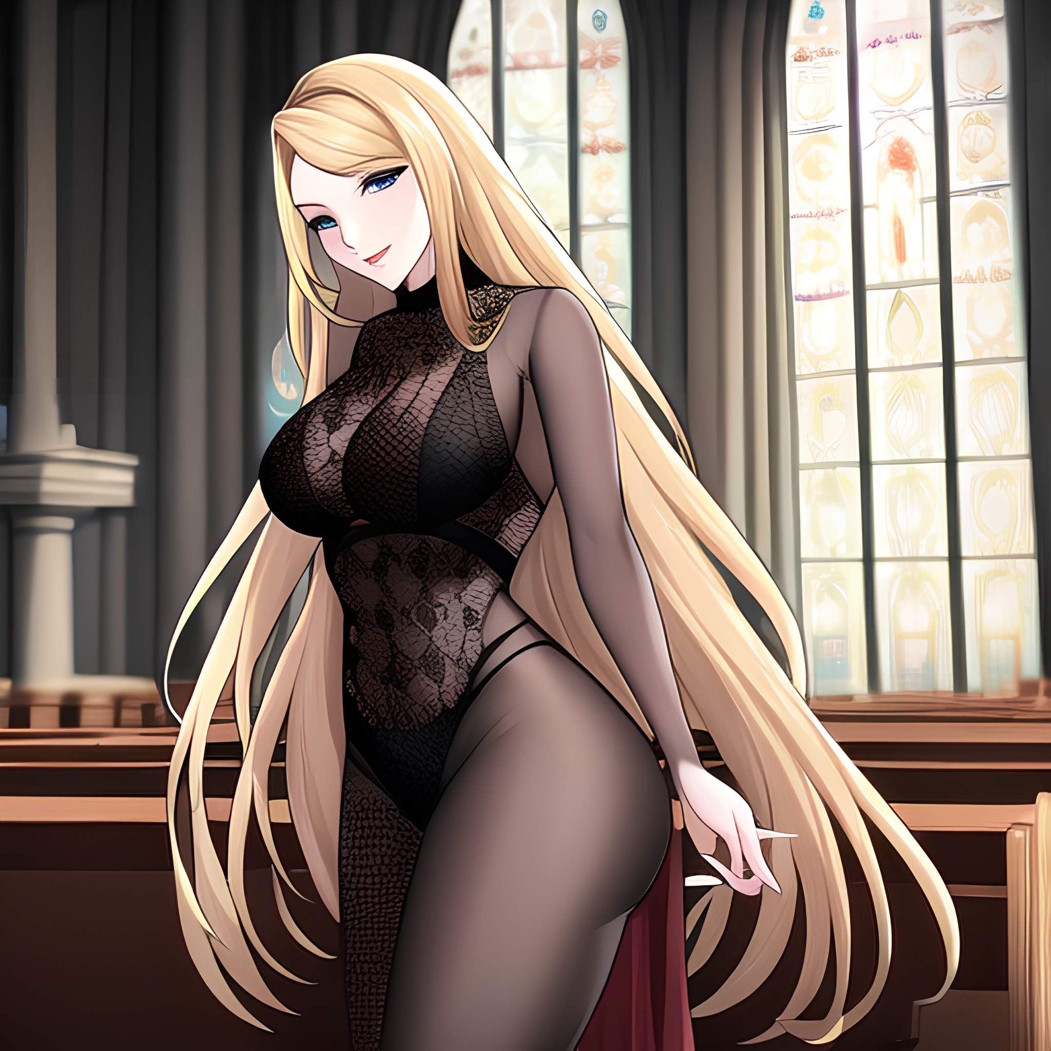 blonde fishnet woman church long hair 