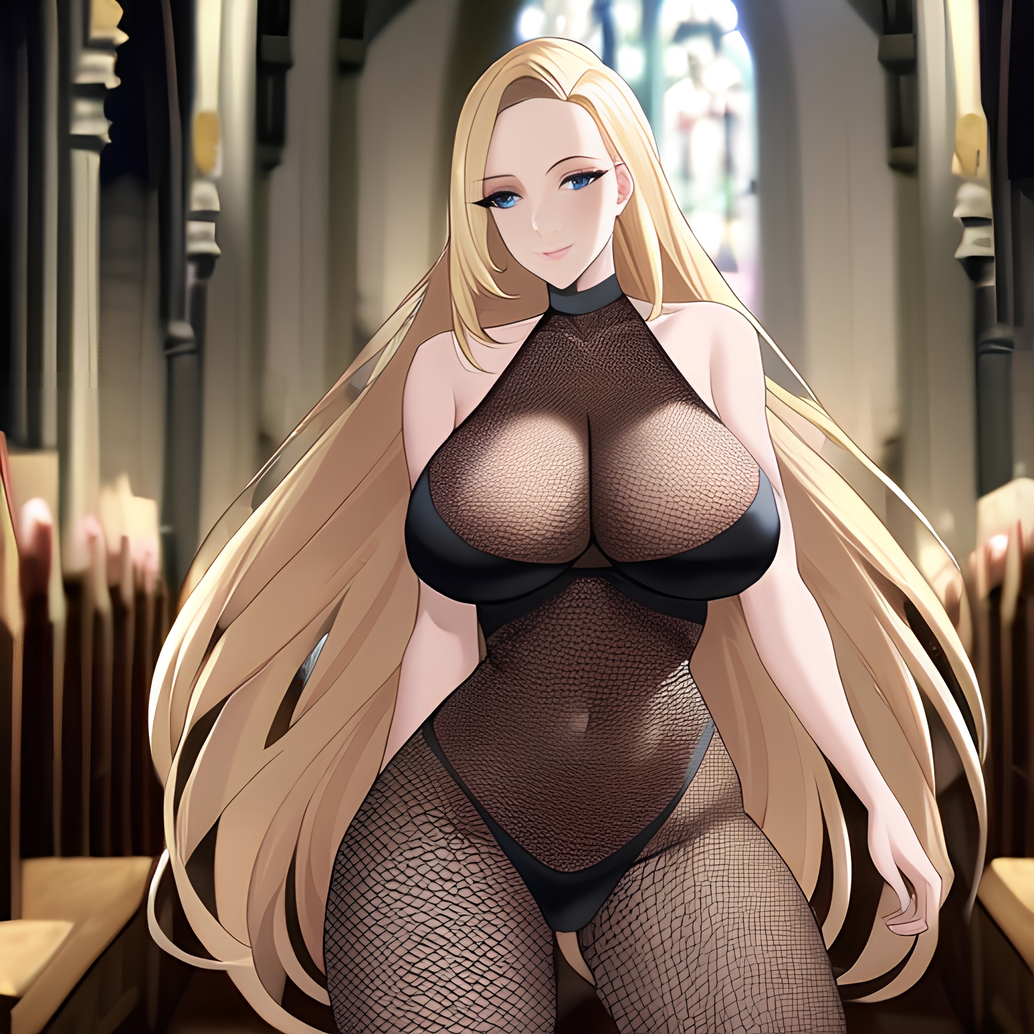 blonde fishnet woman church long hair 