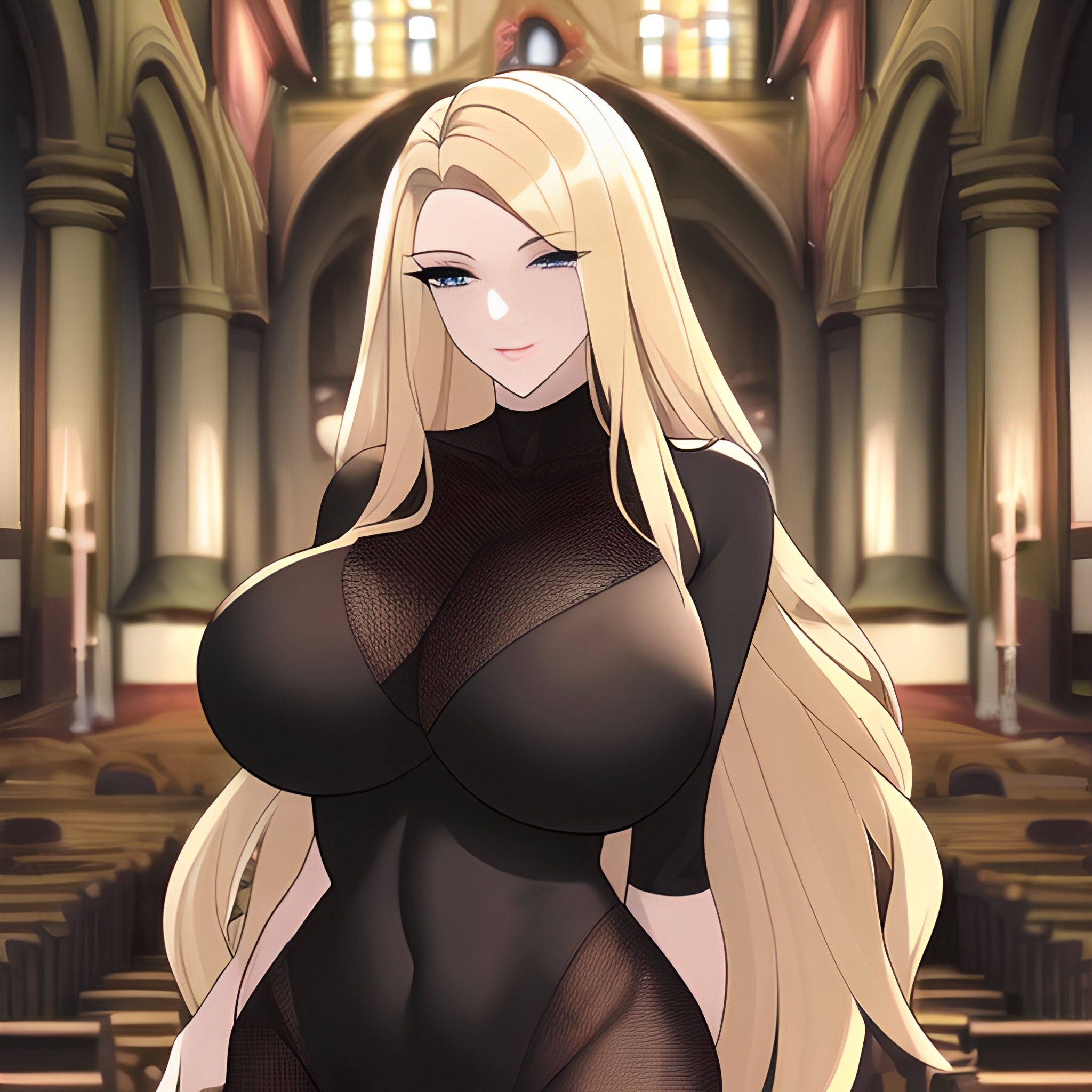 blonde fishnet woman front view small boobs long hair nude church 