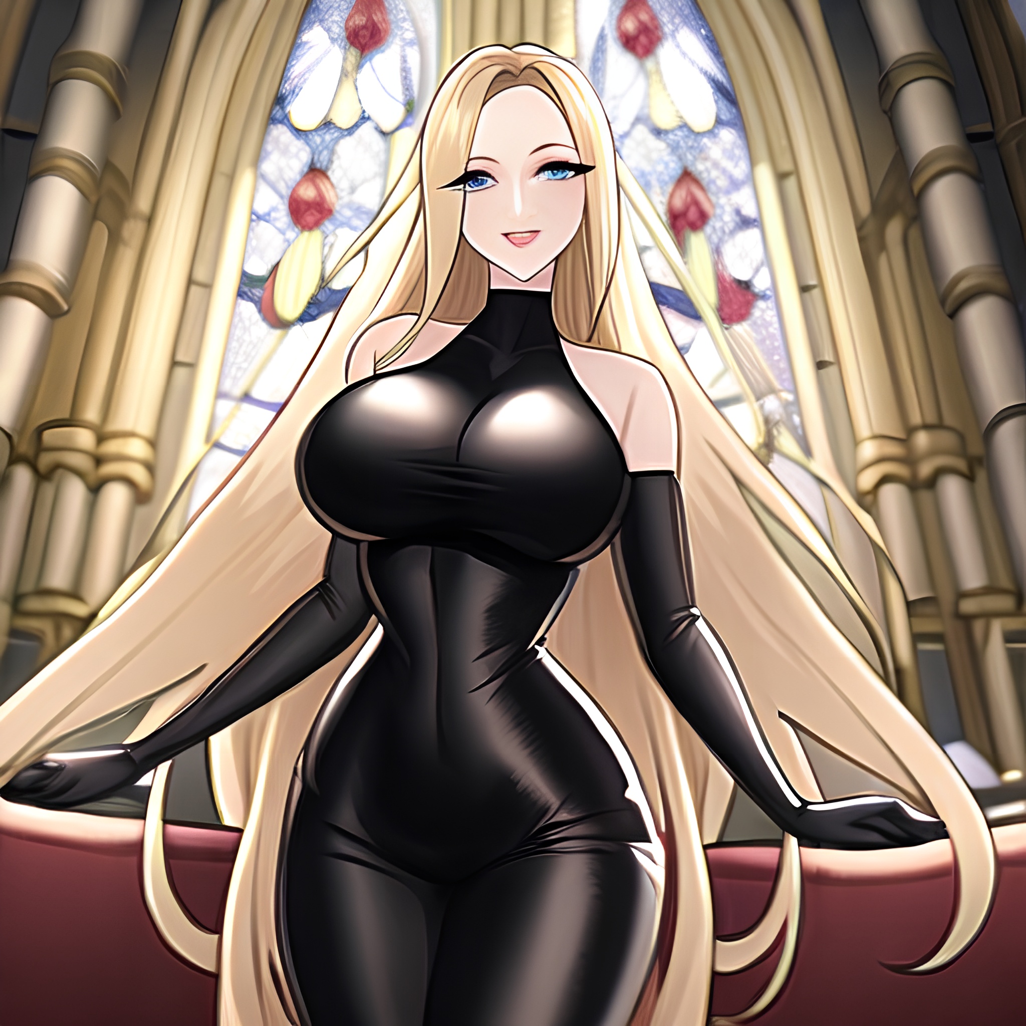 blonde fishnet woman long hair church 