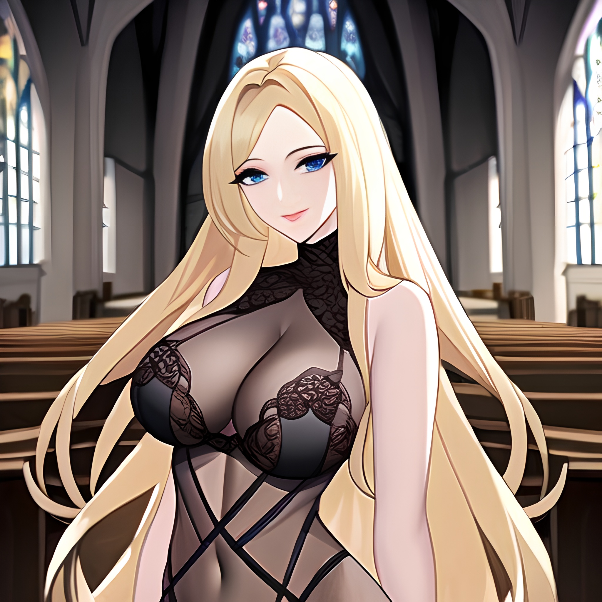 blonde fishnet woman long hair church