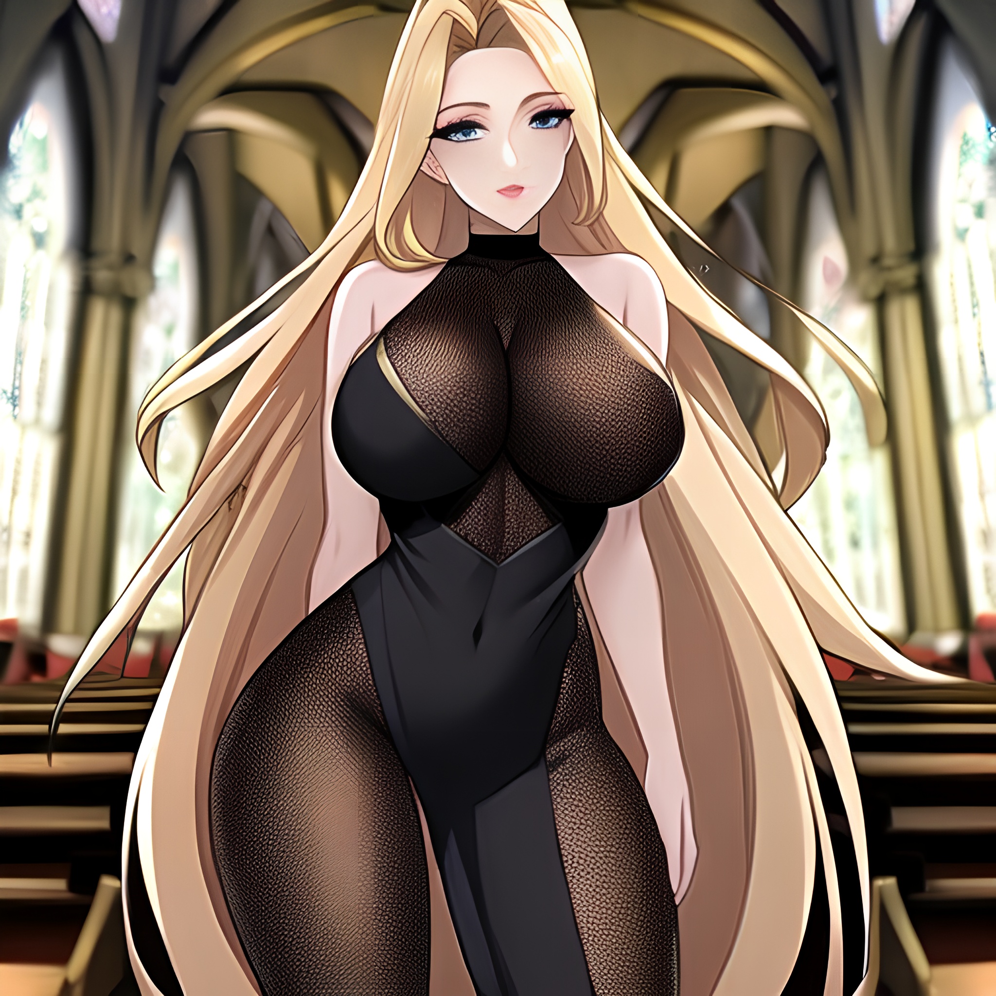 blonde fishnet woman long hair church