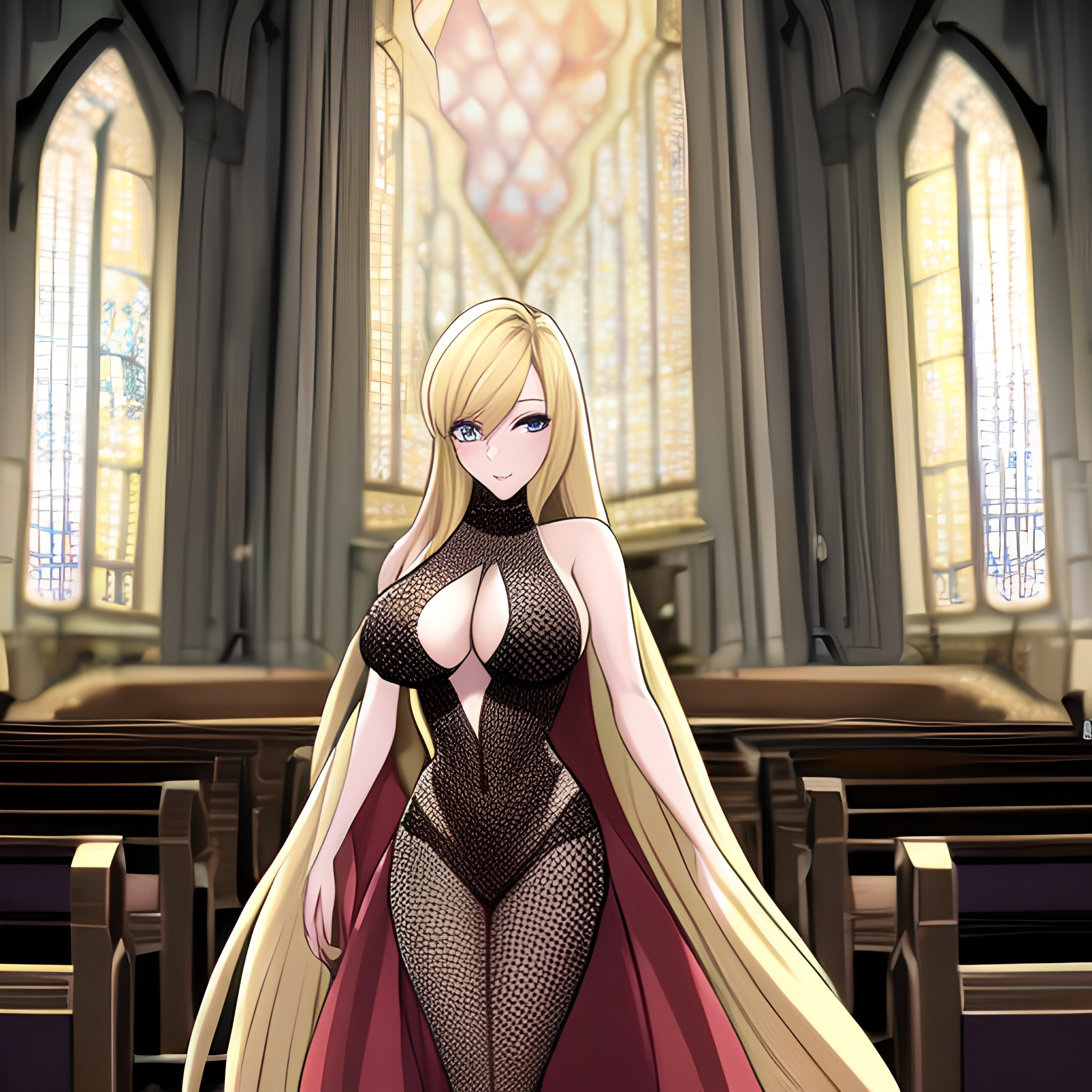 blonde fishnet woman long hair church