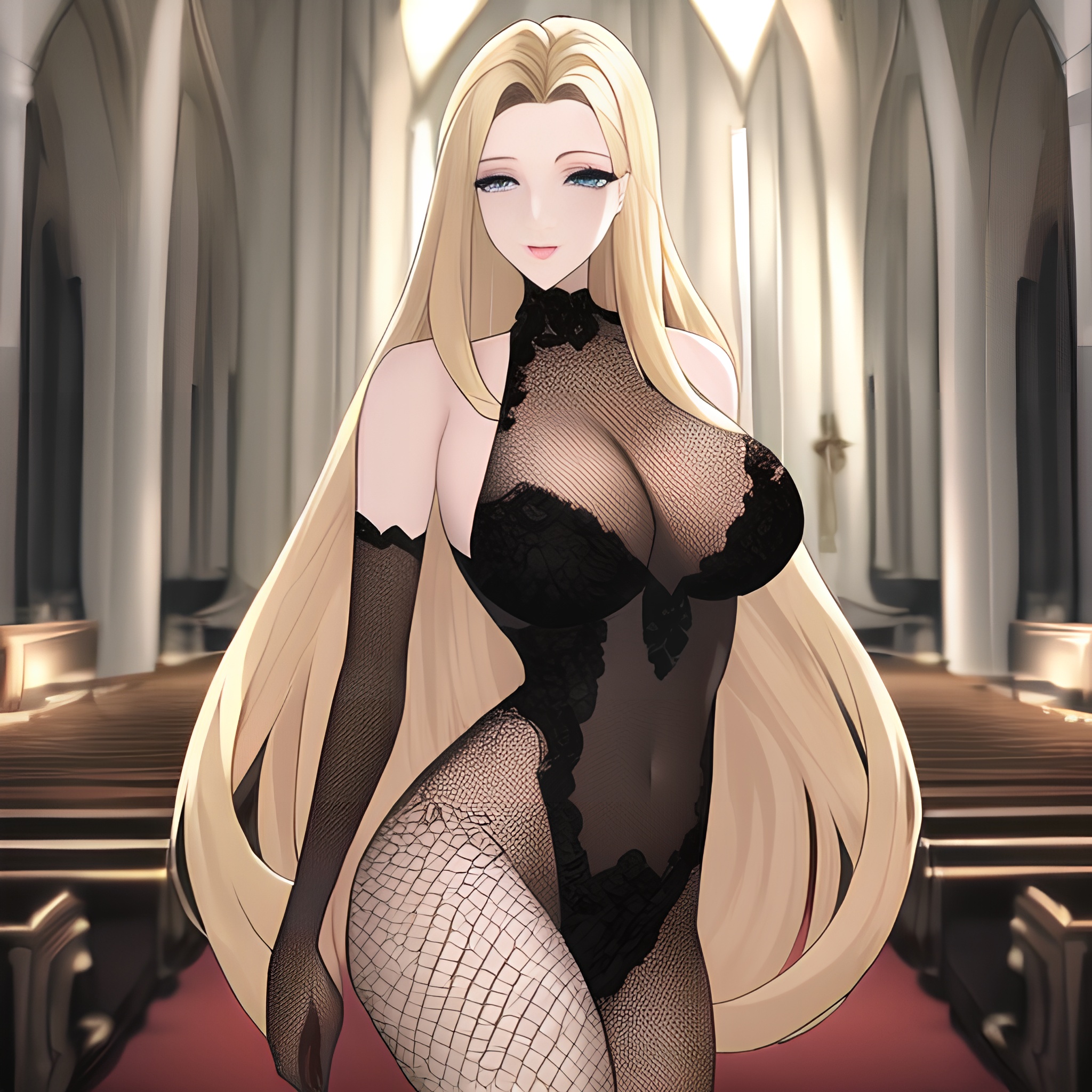 blonde fishnet woman nude front view church small boobs long hair 