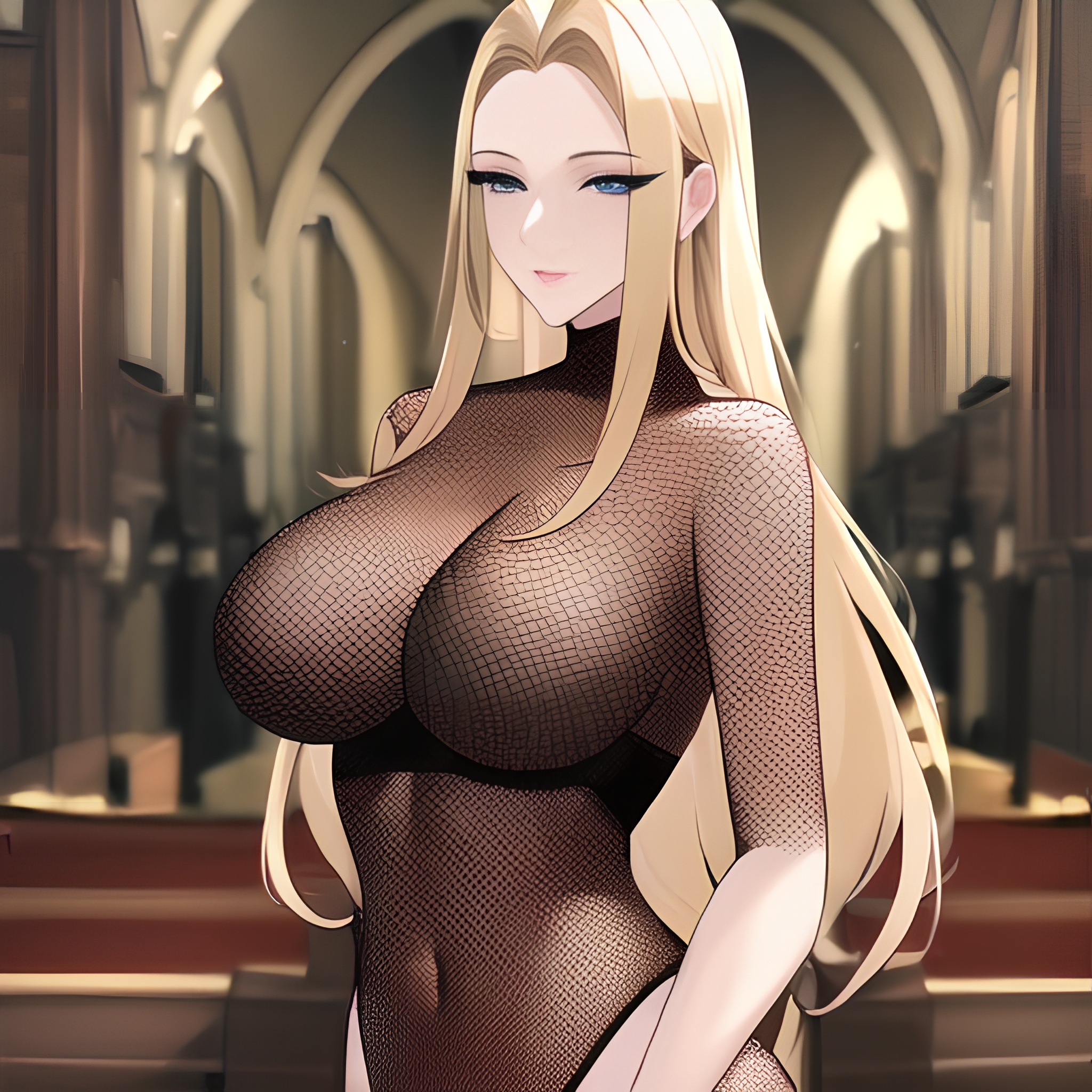 blonde fishnet woman small boobs long hair front view church nude 